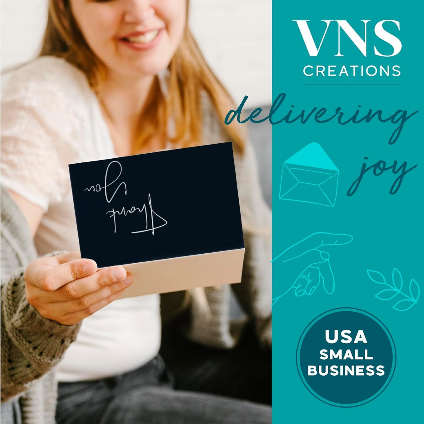 VNS Creations 20 Pack Thank You Cards With Envelopes, Stickers, 4x6 Inch Blank Thank You Notes - Bulk Box Set Large Notes for Graduation, Wedding, Small Business, Baby & Bridal Shower - Black