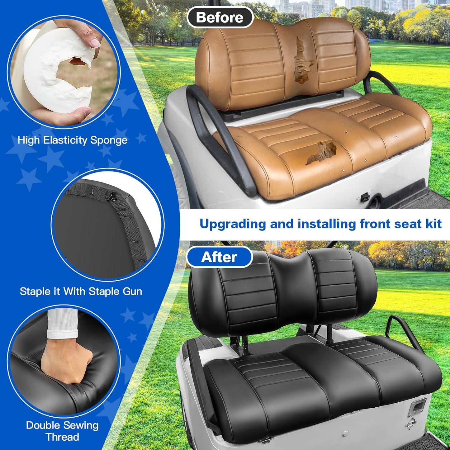 NOKINS Golf Cart Premium Front Seat Cushion Kit Fit for EZGO TXT/RXV Golf Cart Seat, Front Seat Back & Seat Bottom Cushion Assembly Kit, Golf Cart Accessories (OEM Style Black)