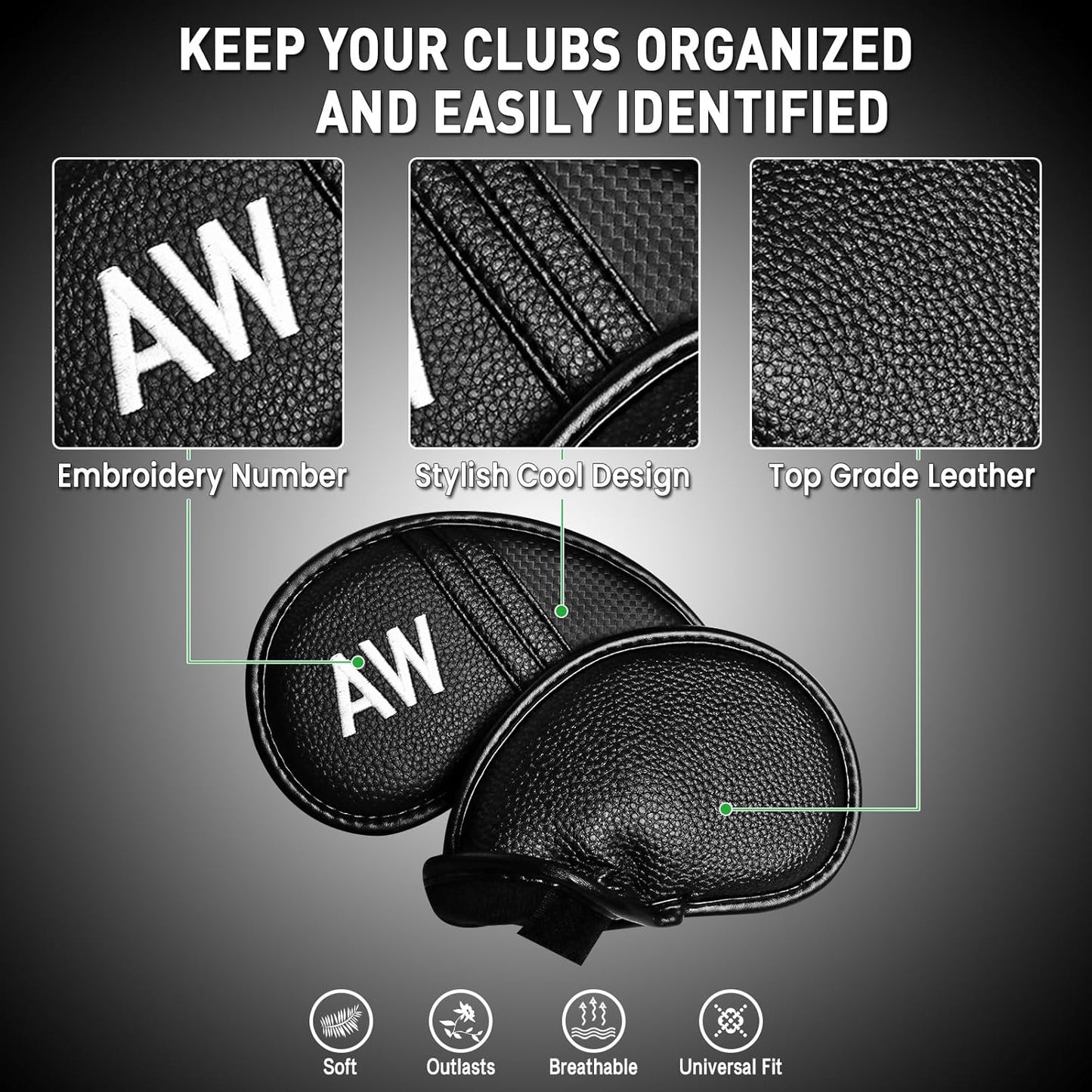 Golf Club Covers Iron Value 12 Pack Stylish Synthetic Leather Headcover, Embroidery Numbers Head Covers Universal Protector Fit Main Iron Wedge Clubs, Accessories Travel for Men Women