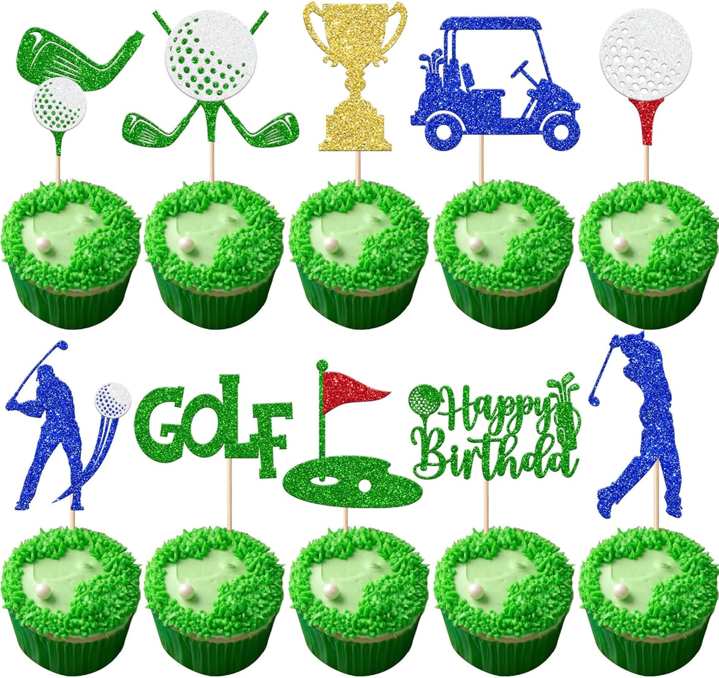 Rsstarxi 30 Pack Golf Cupcake Toppers Golf Ball Cupcake Picks Trophy Flag Ball Carts Cake Decorations for Sports Player Theme Baby Shower Boys Birthday Party Decortions Blue