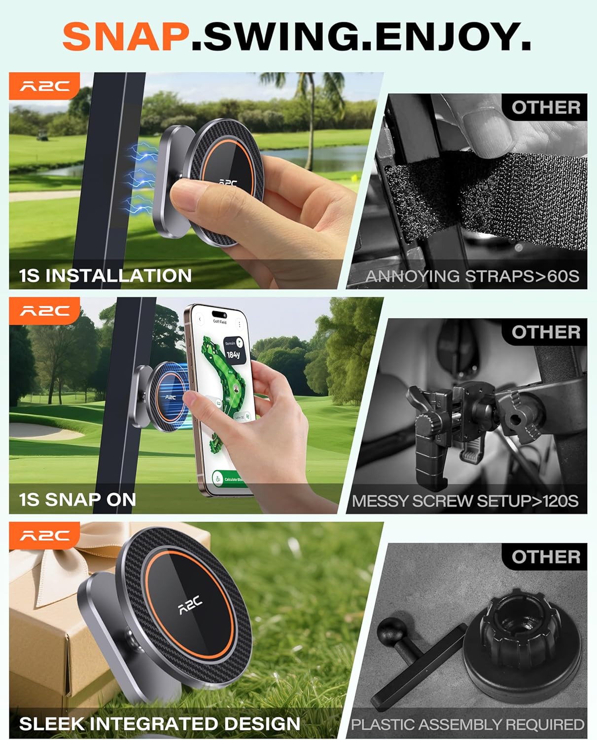 A2C Alloy Magnetic Golf Cart Phone Holder Compatible With MagSafe iPhone 17 Pro Max Air 16 Plus 15 14 13 12 Mini Fits EZGO, Club Car, Yamaha, Golf Cart Accessories Essentials Gift for Friend Men Women