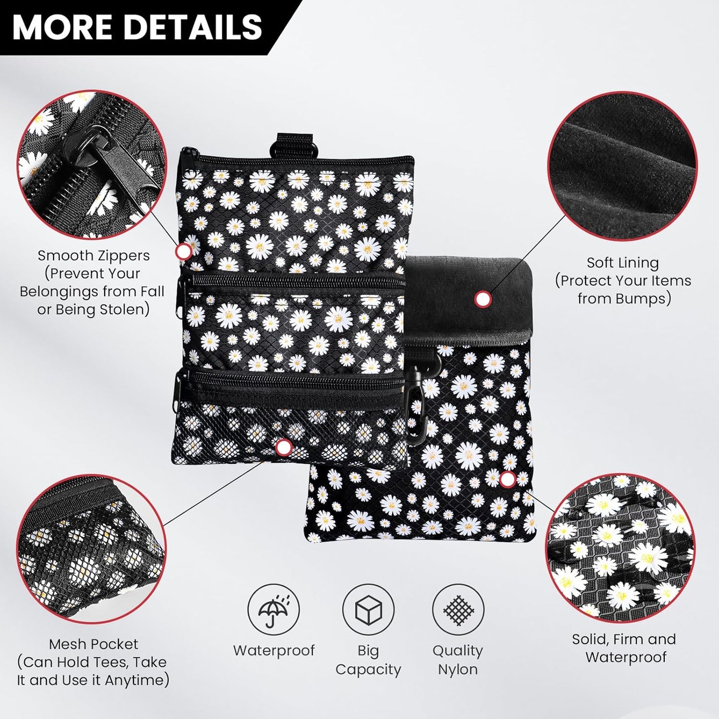 FINGER TEN Golf Pouch Bag for Valuables Tee Color with 4 Golf Pencil Pack, Zippered Pocket Gear Clip Hook to Bag