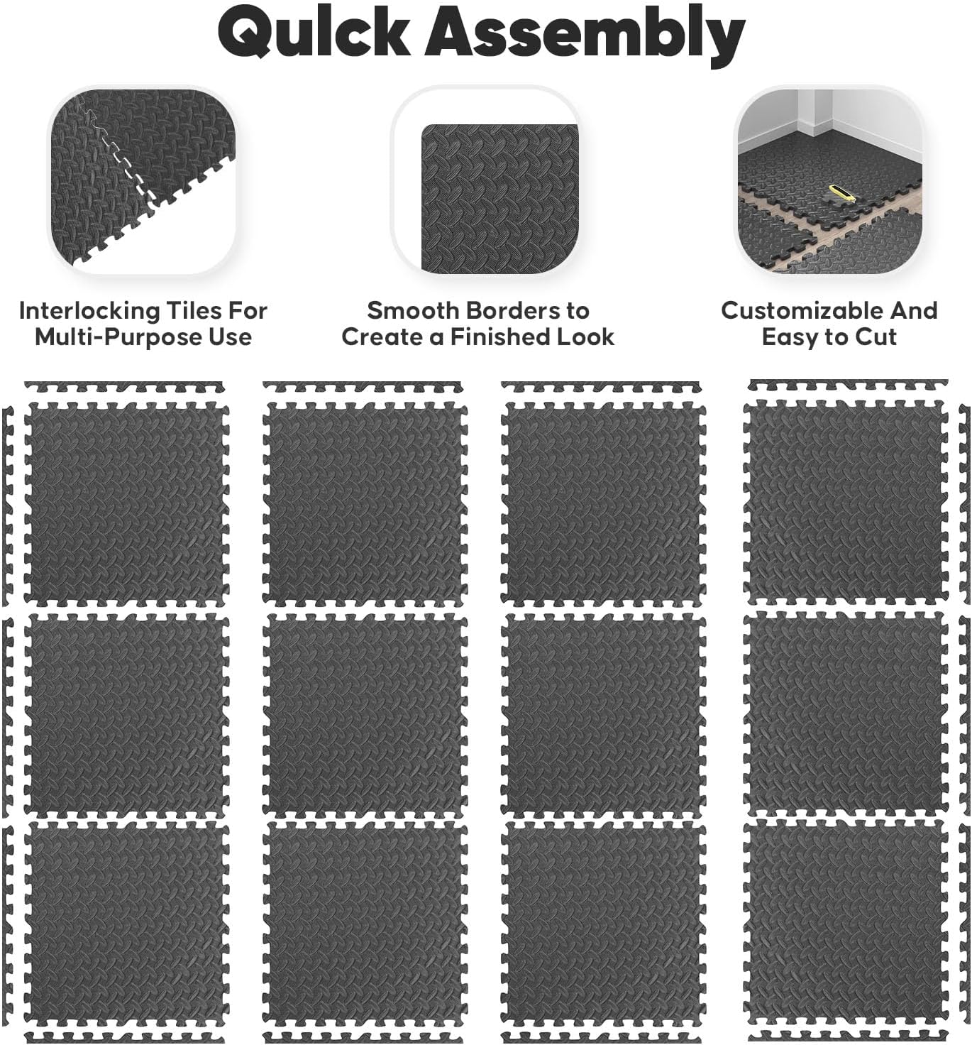 Home Gym Mat, Puzzle Exercise Mat, EVA Interlocking Foam Floor Tiles for Home Workout Equipment and Kids' Play Areas - Black, 24 in x 24 in x ½ in - 12 Tiles (Black, 12 Pack, 48 SQ FT)