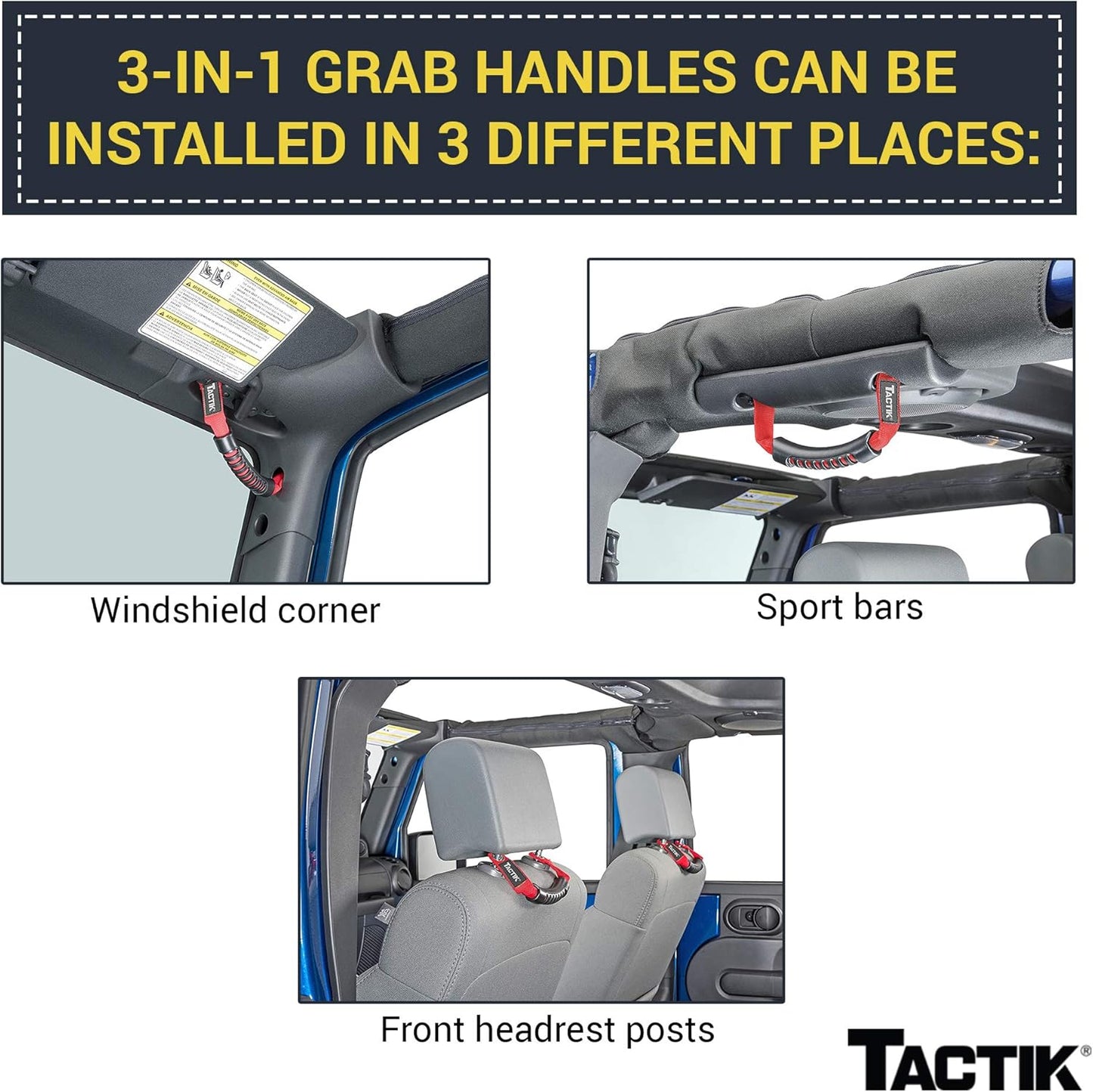 TACTIK 3-in-1 Tactical Grab Handle Pair, Red - Compatible with Jeep Wrangler JK 2007 to 2018 - Install in Windshield Corners, Sport Bars, and Front Headrest Posts - Nylon with Vinyl Grips