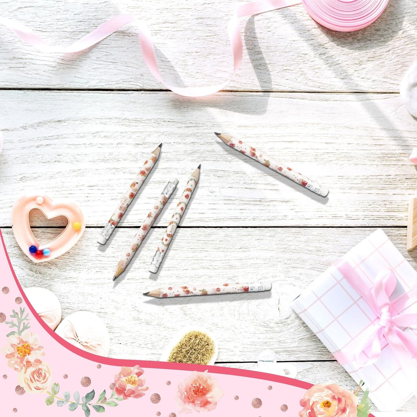 Tinlade 60 Pcs Bloom Floral Baby Shower Golf Pencils with Erasers Small Kids Sharpened Mini Pencils for School in Bloom Baby Shower Supplies