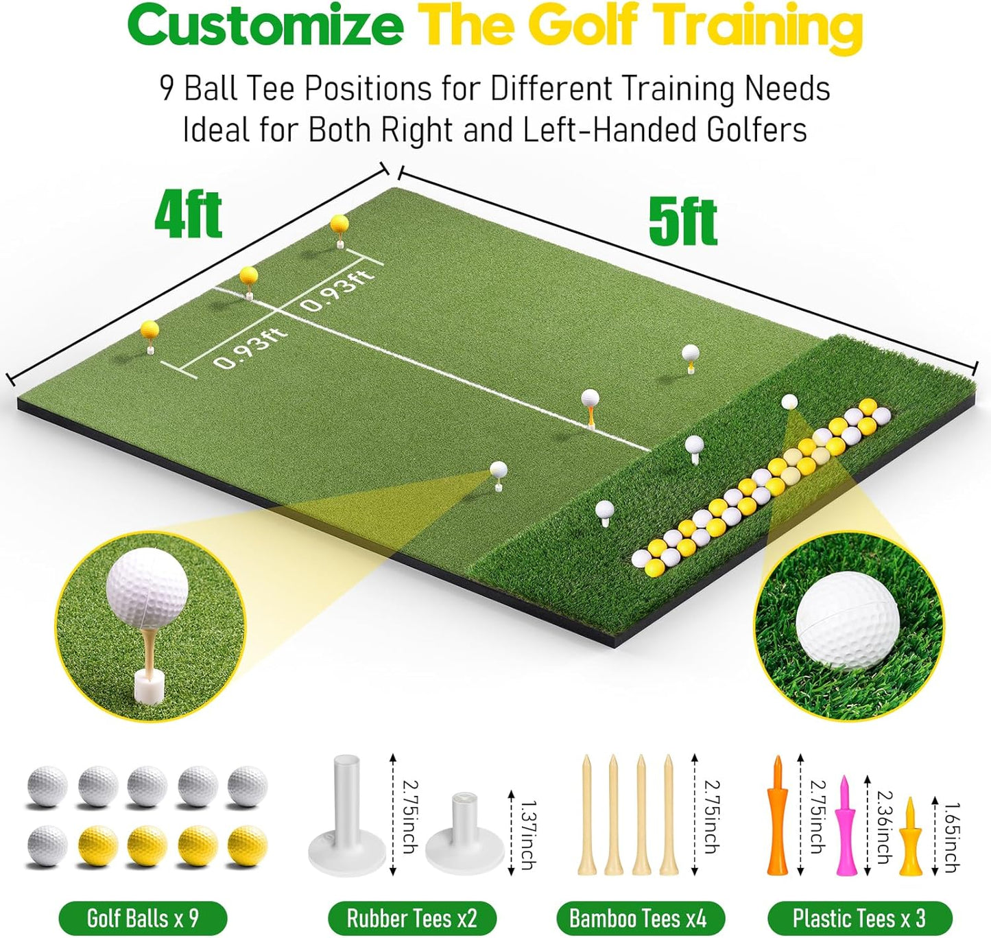 Premium Dual-Turf Golf Mat with Ball Tray, 5x4 FT Golf Hitting Mats Practice Outdoor Indoor Equipment with 10 Golf Balls, 9 Golf Tees, Golf Aid Training Swing Chipping Mat, Gifts for Men,Boy,Golfers