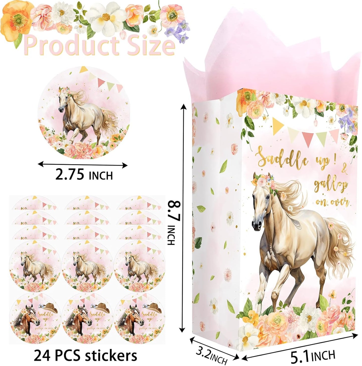 Outego 24 Girl Horse Party Favor Bags with Stickers - Girl Horse Goodie Bags for Kids - Perfect for Horse Themed Birthday Party and Celebration