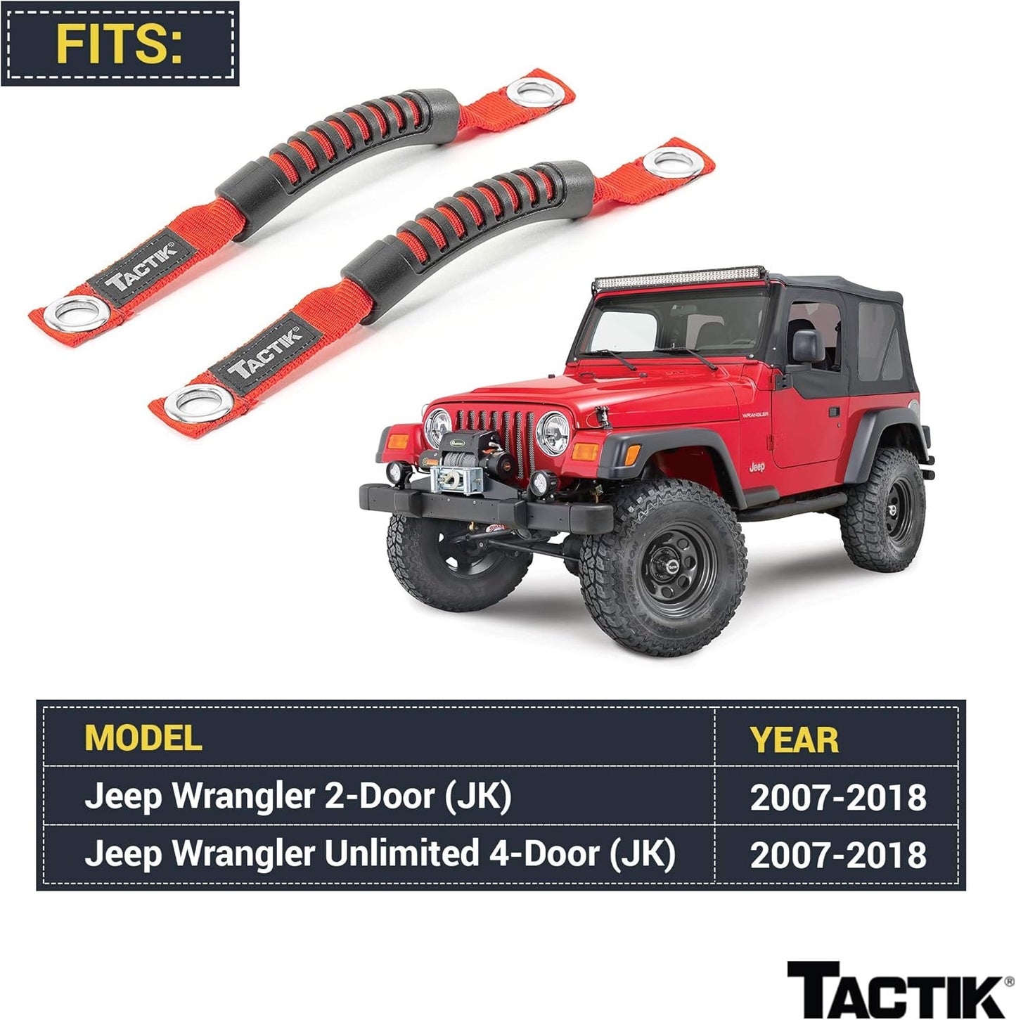 TACTIK 3-in-1 Tactical Grab Handle Pair, Red - Compatible with Jeep Wrangler JK 2007 to 2018 - Install in Windshield Corners, Sport Bars, and Front Headrest Posts - Nylon with Vinyl Grips