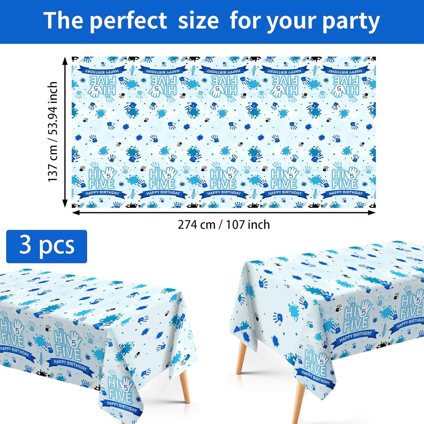3Pcs Hi Five Party Tablecloth High Five Birthday Plastic Table Cover Waterproof Officially a Handful 5th Birthday Disposable Table Cloth for Boys Girls 5th Years Old Party Decorations, 54 x 108 Inch