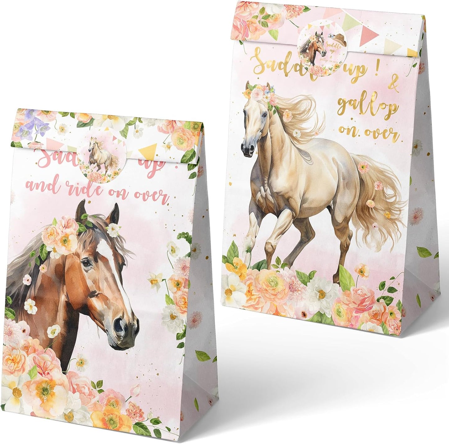 Outego 24 Girl Horse Party Favor Bags with Stickers - Girl Horse Goodie Bags for Kids - Perfect for Horse Themed Birthday Party and Celebration