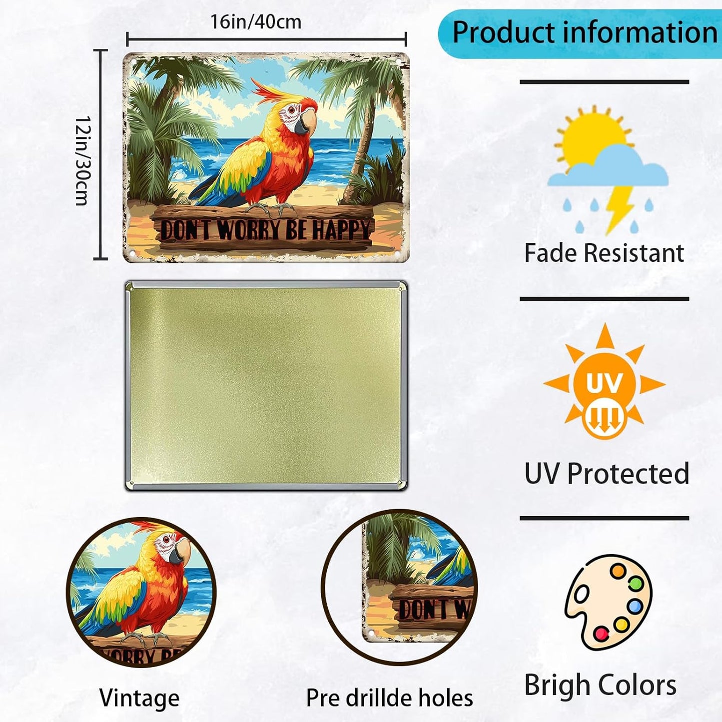 Creative Vintage Tin Metal Sign Don'T Worry Be Happy The Beach Parrot Iron Sign For Friend Porch Backyard Bar Outdoor Patio 12x16 Inch