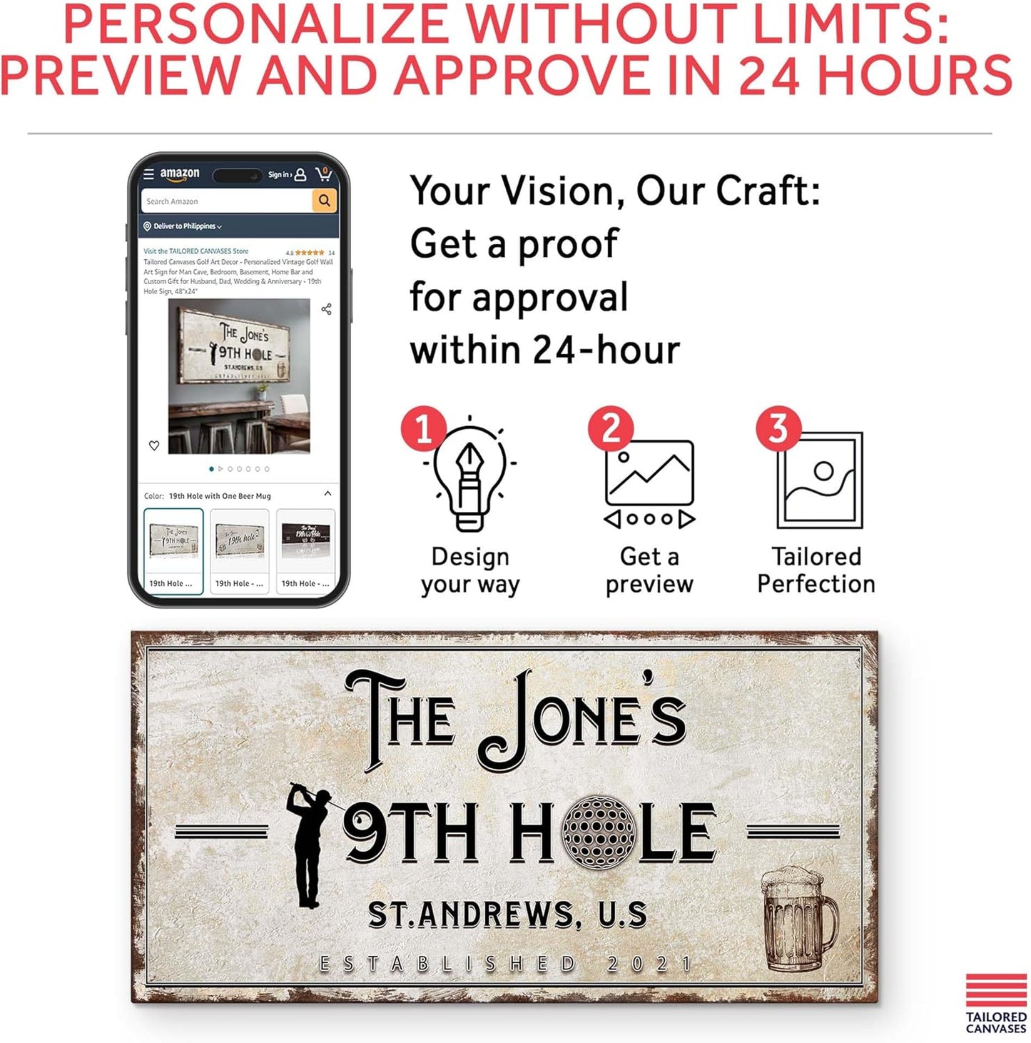 TAILORED CANVASES Golf Art Decor - Personalized Vintage Golf Wall Art Sign for Man Cave, Bedroom, Basement, Home Bar and Custom Gift for Husband, Dad, Wedding & Anniversary - 19th Hole Sign, 60"x30"