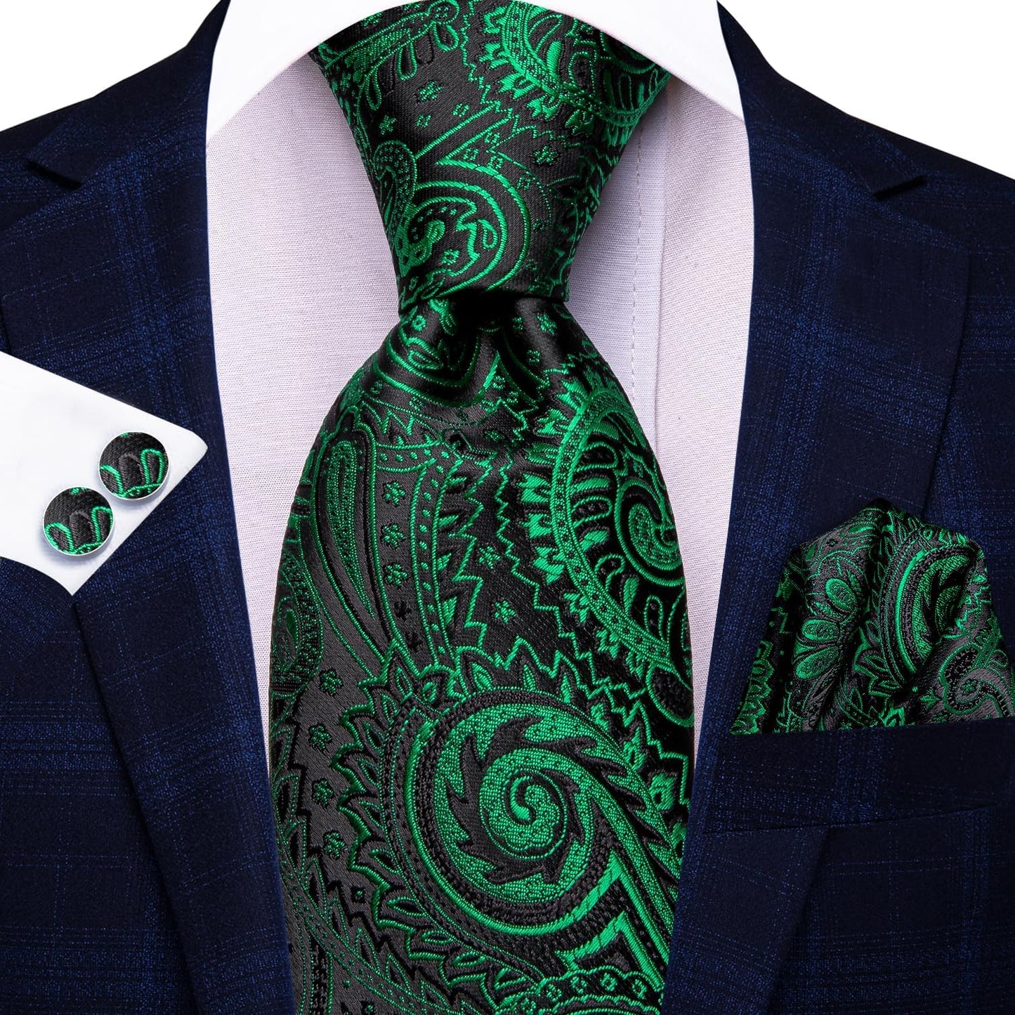 Hi-Tie Men 63inches Tie Set Extra Long Necktie Paisley Tie Pocket Suqare Cufflinks Big and Tall Men Tie