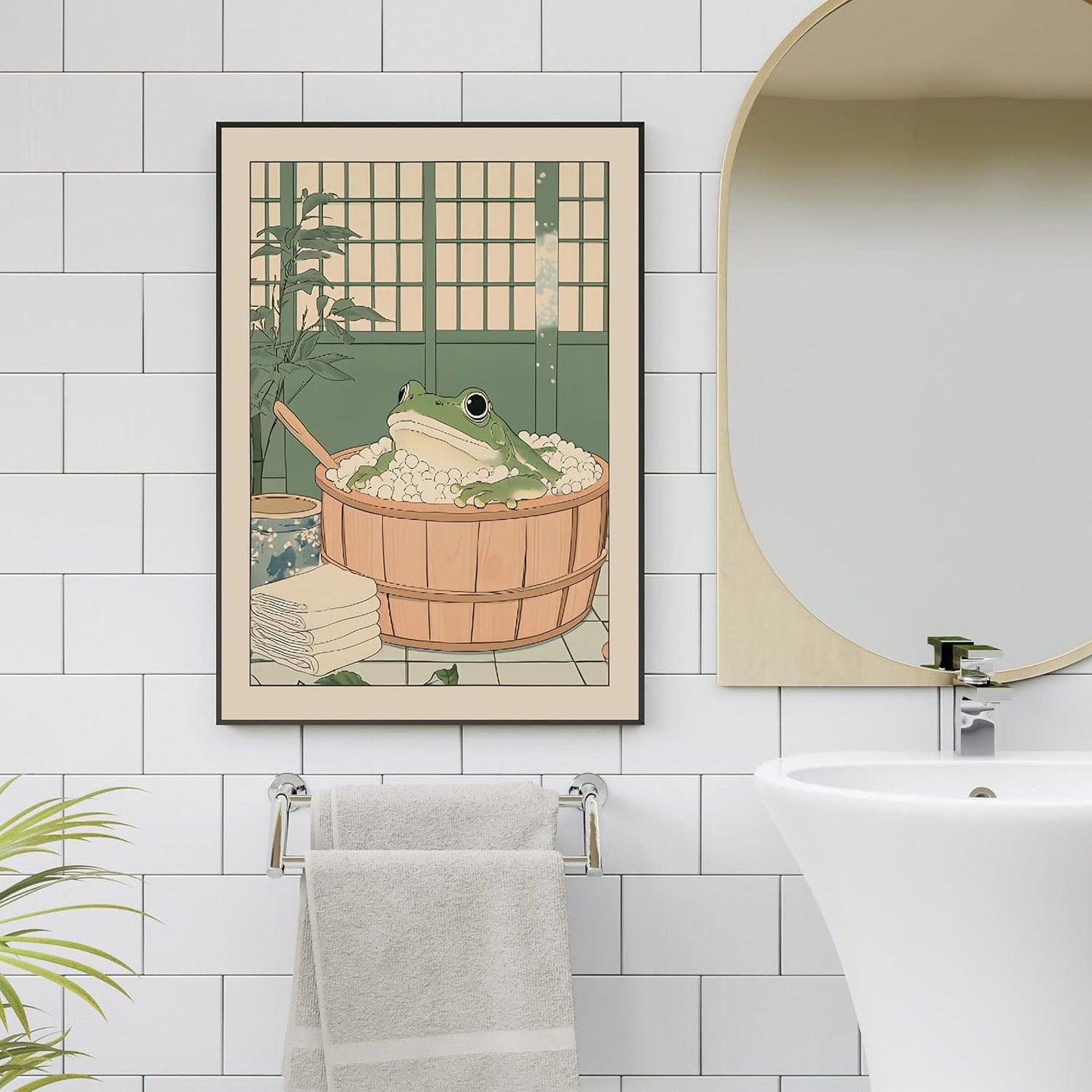 Funny Bathroom Wall Art Japanese Aesthetic Frog in a Bathtub Posters Cute Animal Canvas Prints Vintage Neutral Minimalist Wall Decor for Apartment Dorm 24x36in Framed