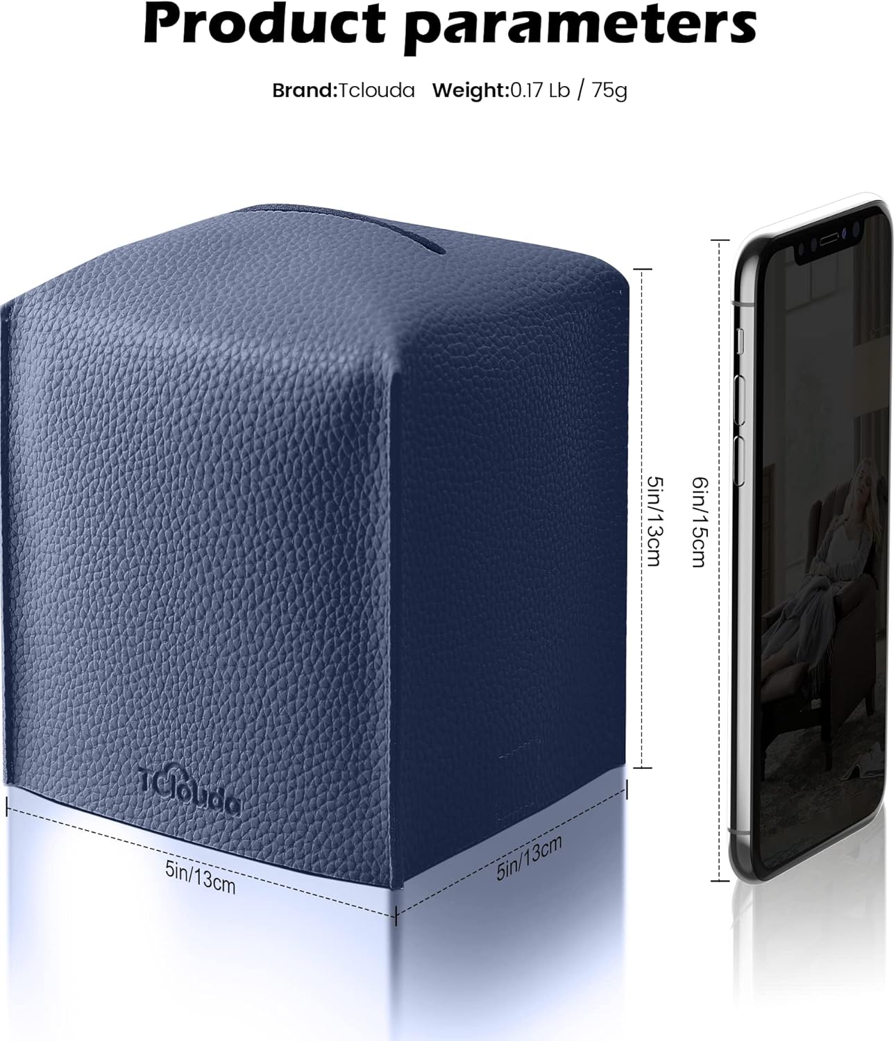 Tissue Box Cover for PU Leather, Modern Simple Solid Color Holder Square Tissue Bag, Ideal for Bathrooms,Office,Car,Outdoor Tent,Dining Table,5"X5"X5", Double Navy Blue