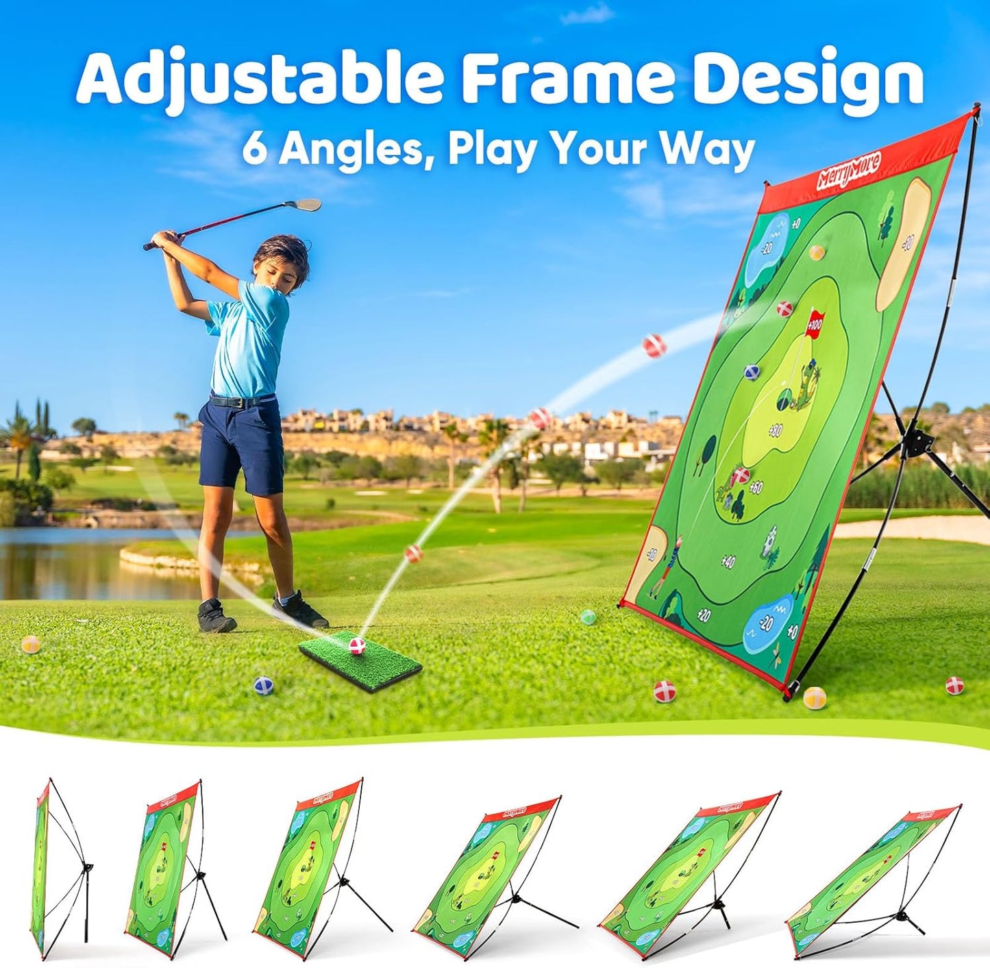 Golf Chipping Game Set : Portable 6-Angle Adjustable Practice Mat Set with 20 Sticky Balls for Indoor Outdoor Training & Family Fun (Golf Club Not Included)