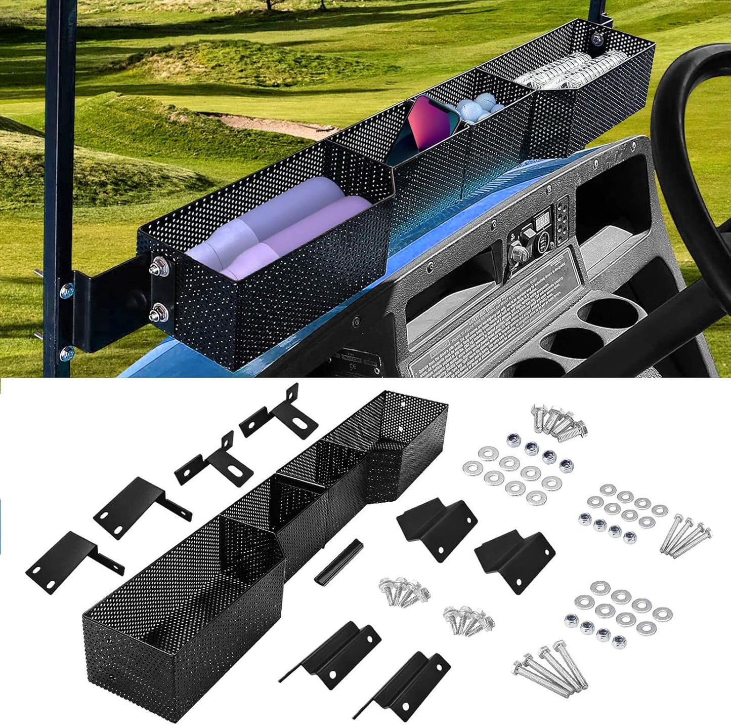 Golf Cart Basket Front Inner Fit EZGO TXT & RXV, Club Car Precedent&DS (2000 up) Golf Carts, Heavy Steel Mesh Durable Golf Cart Storage Tray Dash Organizer