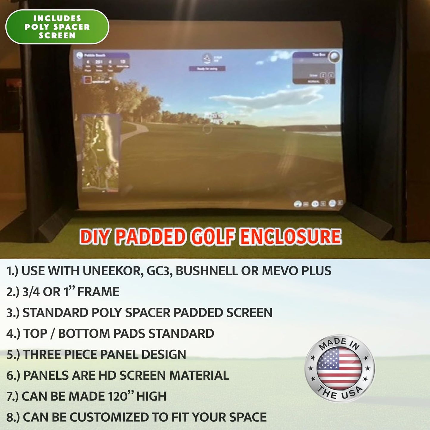 SPECTRUM GOLF SIMULATORS-Golf Cage-Padded-DIY-Premium Poly Spacer Golf Screen-US Made