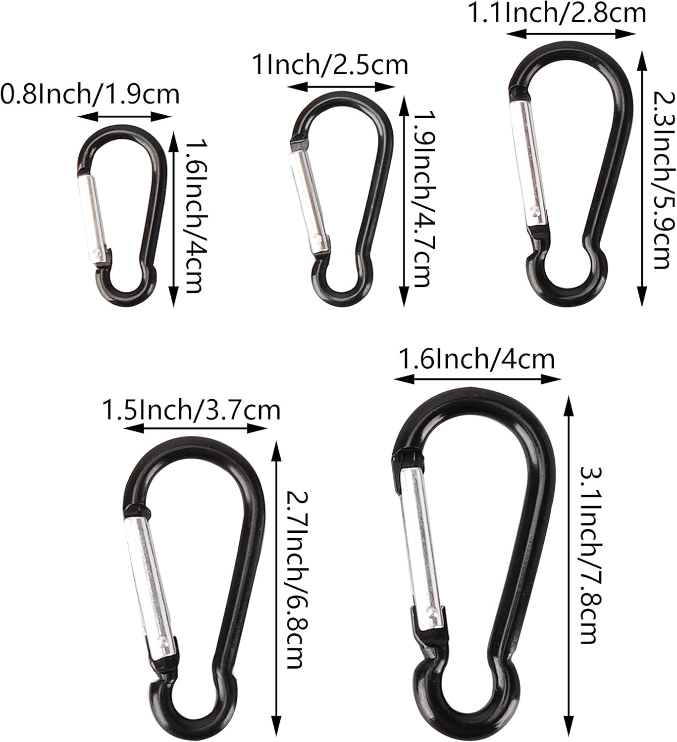 Swatom Aluminum Carabiner Clip 1.6/1.9/2.3/2.7/3.1 Inches Spring Snap Hook Keyring Carabiners Keychains Black (10P/20P)