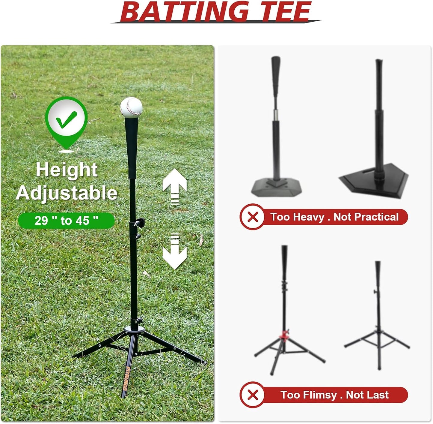 Baseball Softball Tee Batting Tee for Hitting T tee Ball Set Stand Baseball Softball Hitting Pitching Screen Net for Kids Teens Batting Net Set Training Equipment W/Carry Bag for Outdoor