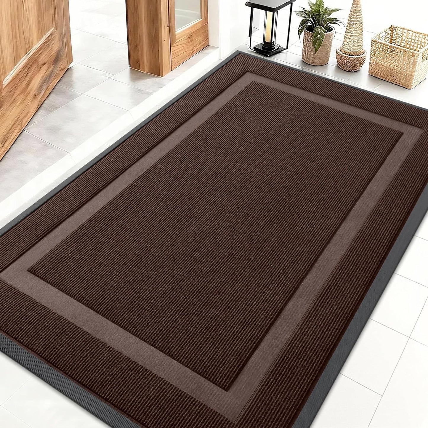 OLANLY Front Door Mat Indoor Outdoor Entrance, Waterproof All-Season, All-Weather Doormat, Sturdy Natural Rubber, Fade Resistant, Low Profile, Easy Clean Patio Porch Entryway Mat, 47x32, Dark Brown