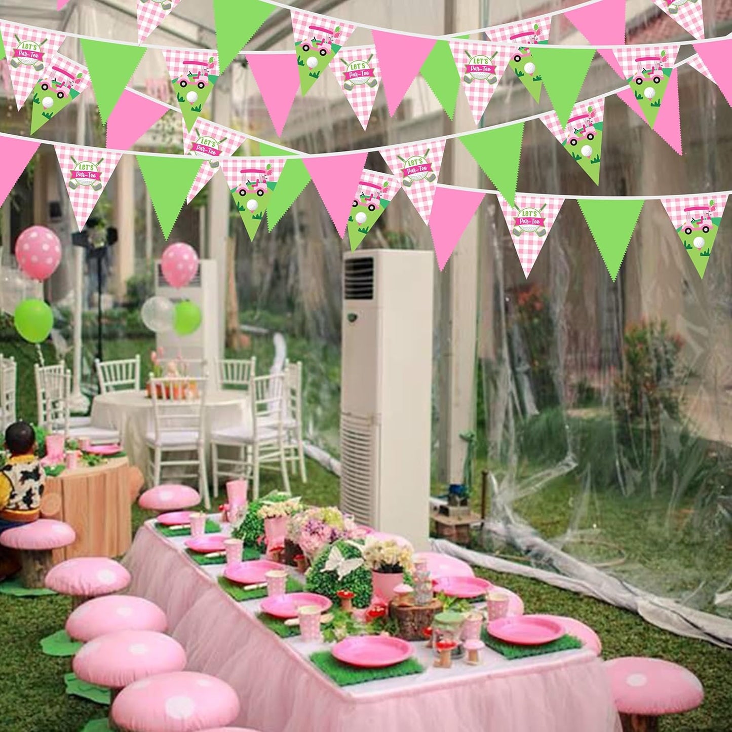 32Ft Pink Golf Party Decorations Pink Green Golf Ball Triangle Flag Fabric Banner Pennant Garland Streamers for Let's Par-tee Birthday Baby Shower Masters Sports Fans Party Outddor Decor Supplies