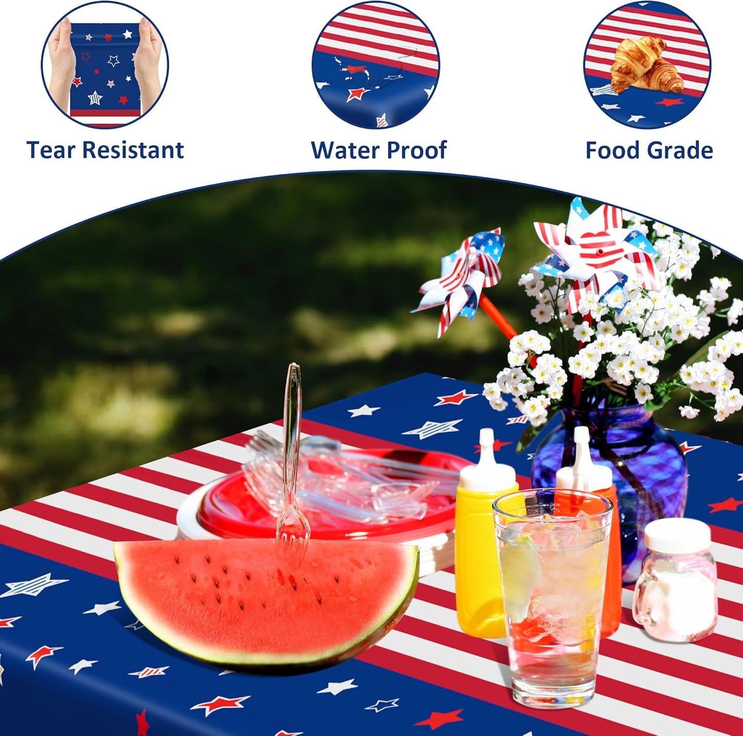 QZYL 4 Pack 4th of July Decorations, 54" x 108" USA Plastic Table Cloth, Tear Resistant Patriotic Tablecloth Fourth of July Tablecloths American Tablecover, Red White Blue Party Supplies