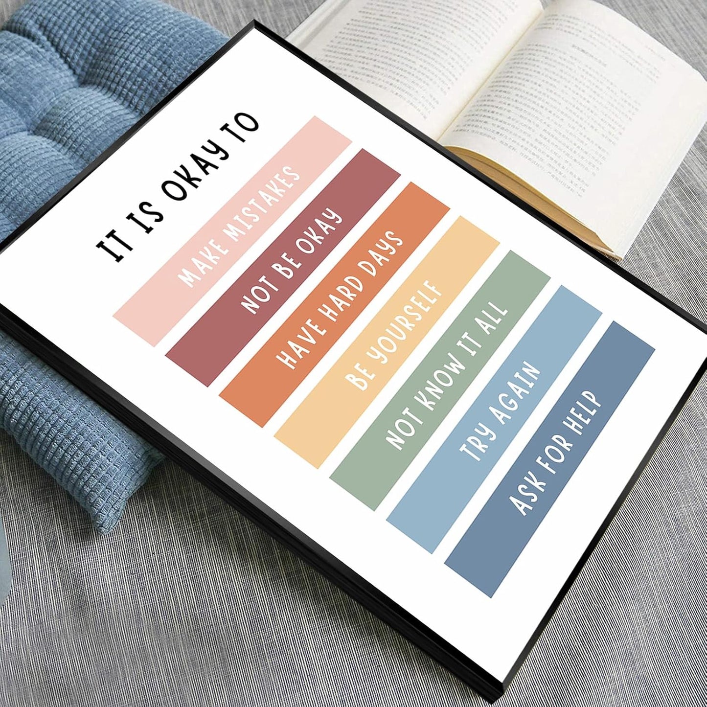 uoyien Growth Mindset Mental Health Posters Boho Classroom Playroom Therapy Wall Decor Affirmations Quotes Canvas Wall Art Kids Educational Prints For Calming Corner Decoration 16x24in Metal Framed