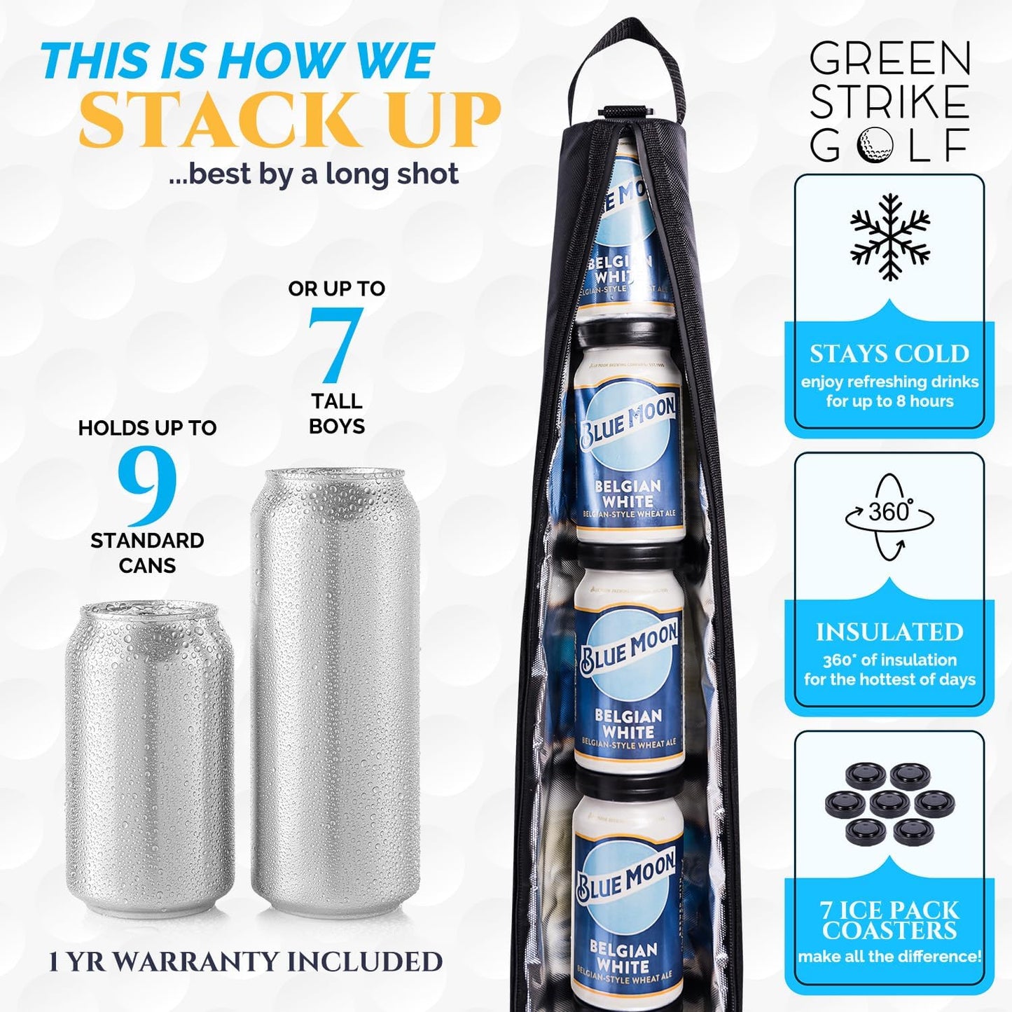 9 Can Insulated Golf Beer Sleeve with 7 Ice Pack Coolers - 8mm Thick Insulation Keeps Drinks Cold and Leak Proof Zipper – Customer-Favorite Golfing Gifts & Golf Bag Accessories