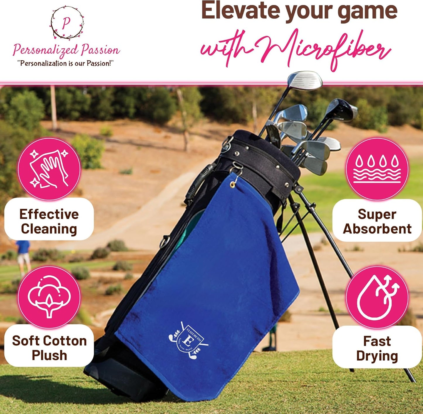 Personalized Passion Golf Towels with Corner Grommet - 16"x26" Customized Velour Cotton Golf Bag Towels with Name - Super Soft and Highly Absorbent - Quickly Remove Dirt and Sweat - Black
