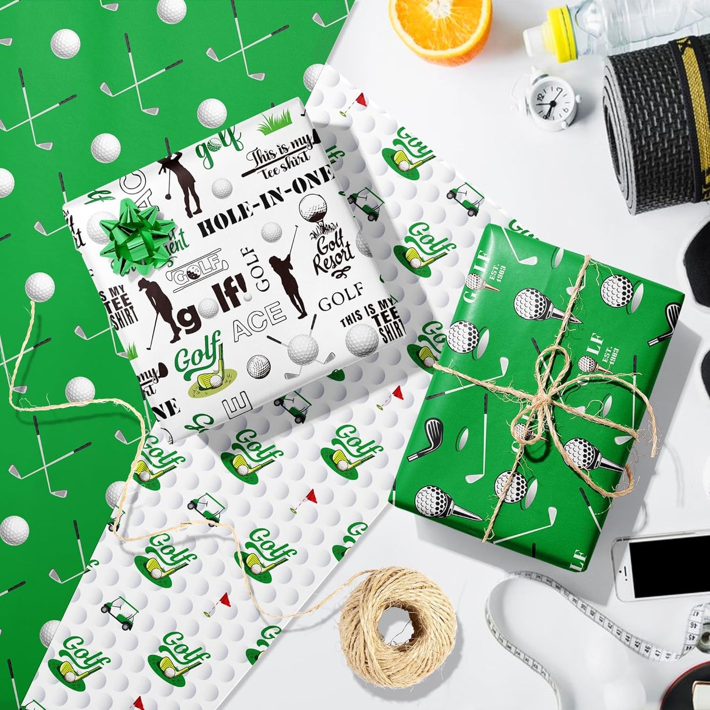 Golf Wrapping Paper for Men Boys, 12 Sheets Blue Green Sports Golfing Gift Wrap Paper with Sports Golfs Clubs Balls Carts Green Argyle Champions Plaid Pattern Designs Golfs Gift Papers, 20'' x 27''
