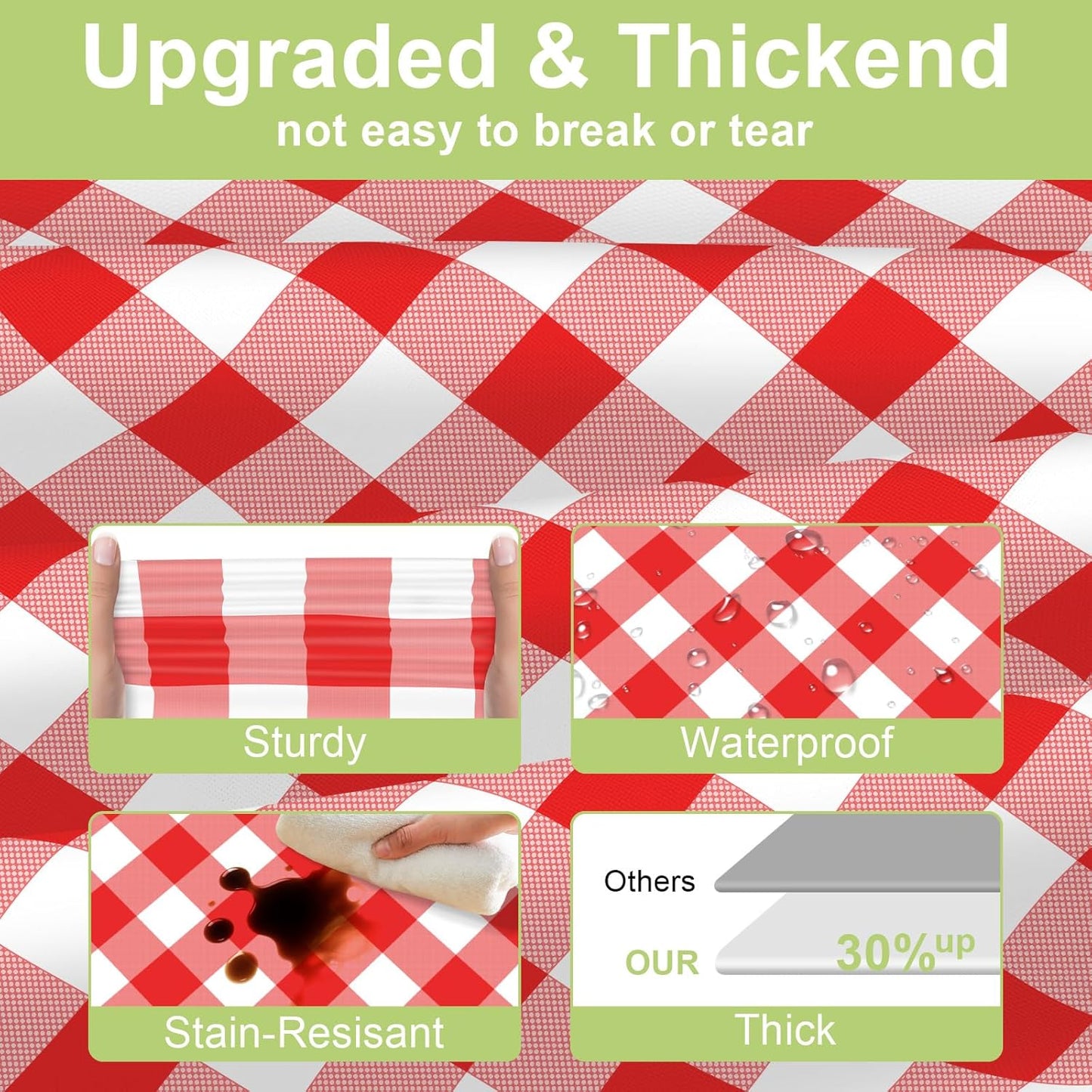 QIKSION Red Gingham Tablecloth Disposable 12 Pack, 54 x 108 Inch Red and White Checkered Table Cloth for Rectangle Tables, Plastic Table Cover