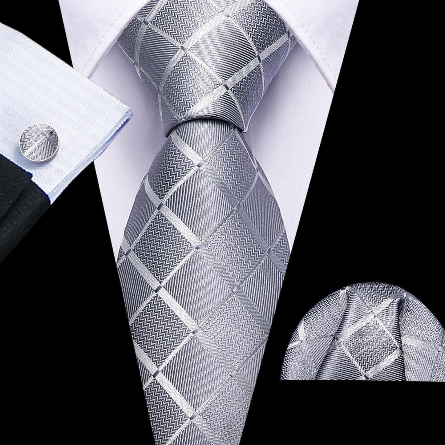 Barry.Wang Designer Classic Ties for Men Set Formal Pocket Square Cufflink Check Plaid