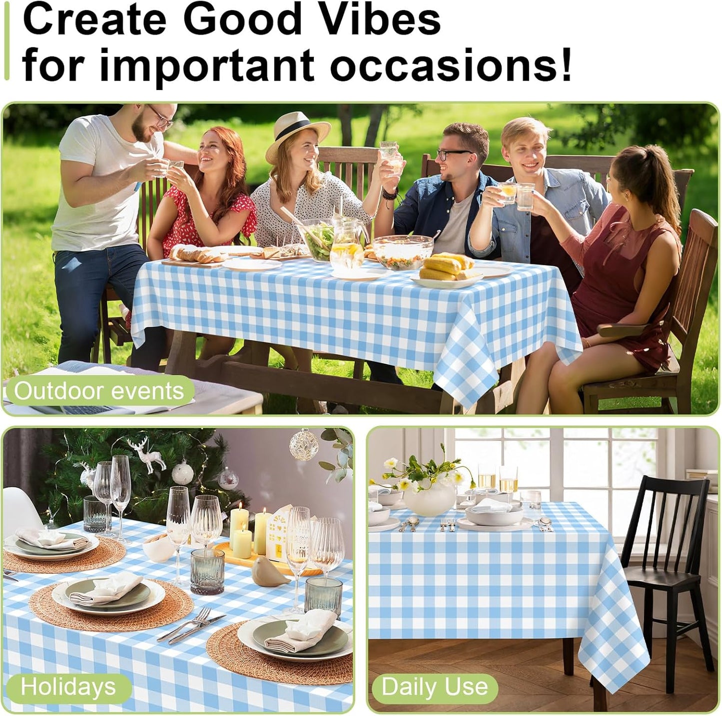 QIKSION Blue Gingham Tablecloth Disposable 12 Pack, 54 x 108 Inch Blue and White Checkered Table Cloth for Rectangle Tables, Plastic Table Cover