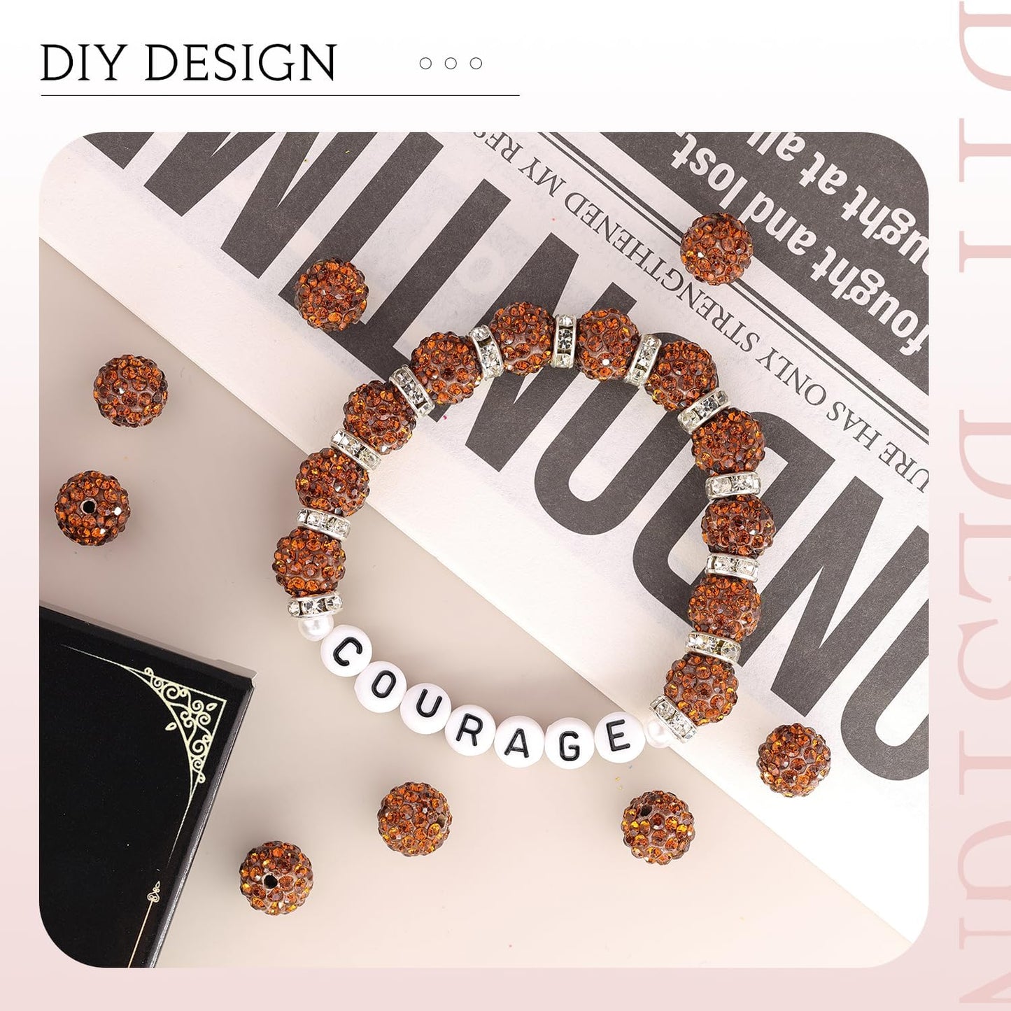 100 pcs 10mm Rhinestone Beads for Jewelry Making, Brown Shiny Round Shamballa Disco Beads Bulk, Sparkle Crystal Clay Christmas for Bracelet Baseball Necklace Earring Crafting and DIY