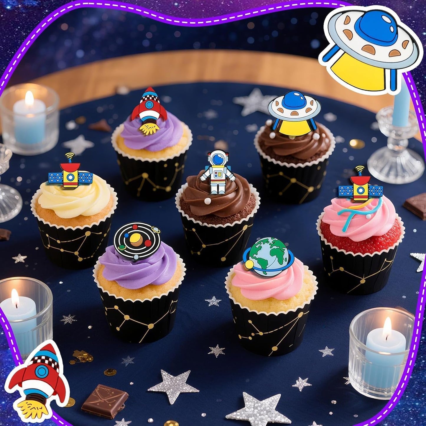 24PCS Space Astronaut Cupcake Ring Toppers Planet Rocket Spaceship Trip to the Moon Cupcake Picks Space Themed Party Cake Decorations for Baby Shower Birthday Party Supplies