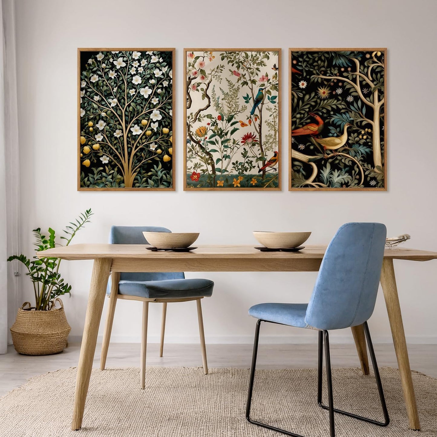MTFBWY 3Pcs Vintage Botanical And Bird Wall Art prints, Nature Plant Framed Canvas Wall Art, Floral Posters Prints, Wildlife Pictures Artwork Decor Living Rooms Bedrooms Offices (Green Plants, 24L" x 16W", Natural Framed)