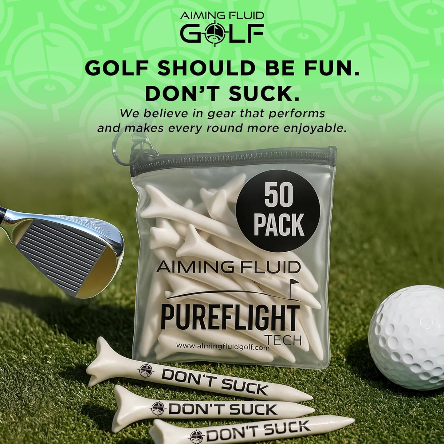 Don't Suck Golf Tees 2 ¾” – 50 Pack Durable Plastic 4-Prong Funny Golf Tees with PureFlight Tech – Low Resistance for Straighter, Longer Drives