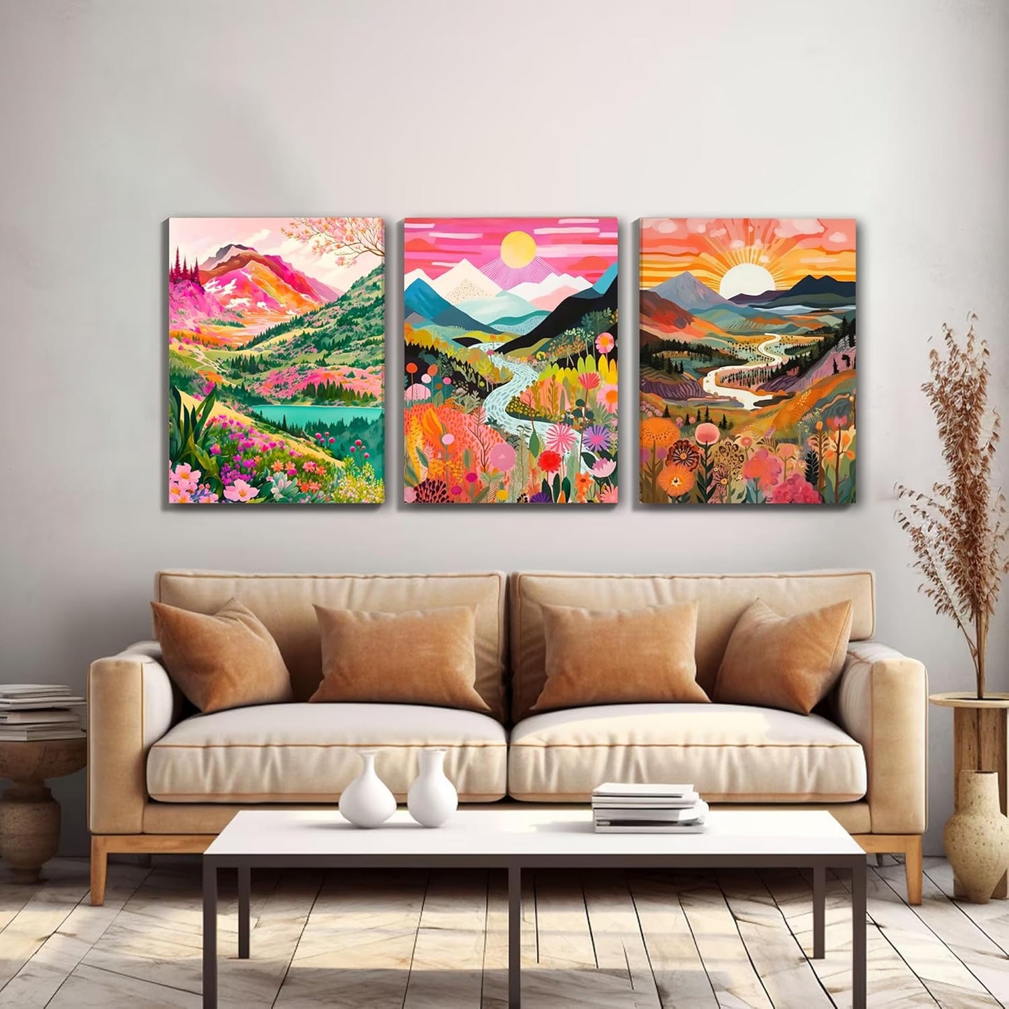 DUWQU 3 piece Colorful Watercolor Mountain Canvas Wall Art Boho Floral Painting Picture Wall Decor Abstract Nature Landscape Poster Print Artwork for Living Room Bedroom Bathroom Office 12x16 Inches