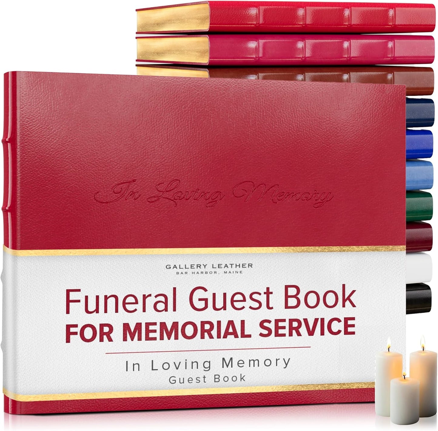 Gallery Leather Funeral Guest Book for Memorial Service and in Loving Memory with 192 Lined Pages - Hardcover, Bound Leather Guest Sign in Book - 7 x 9 - Camden Red
