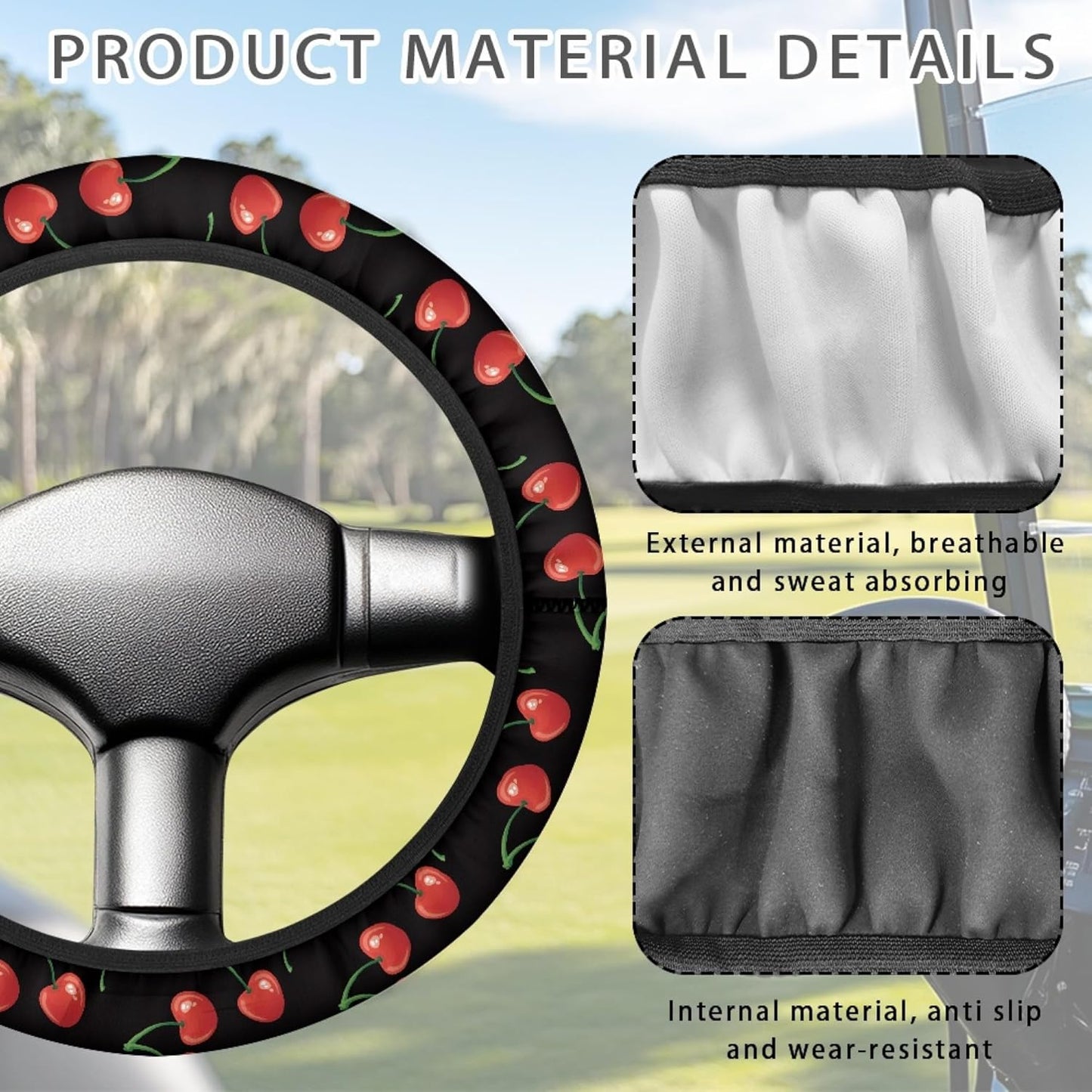 Red Cherry Golf Cart Steering Wheel Cover 13 Inch - 14 Inch Golf Cart Steering Wheel Covers Sun Shade Protector Accessories