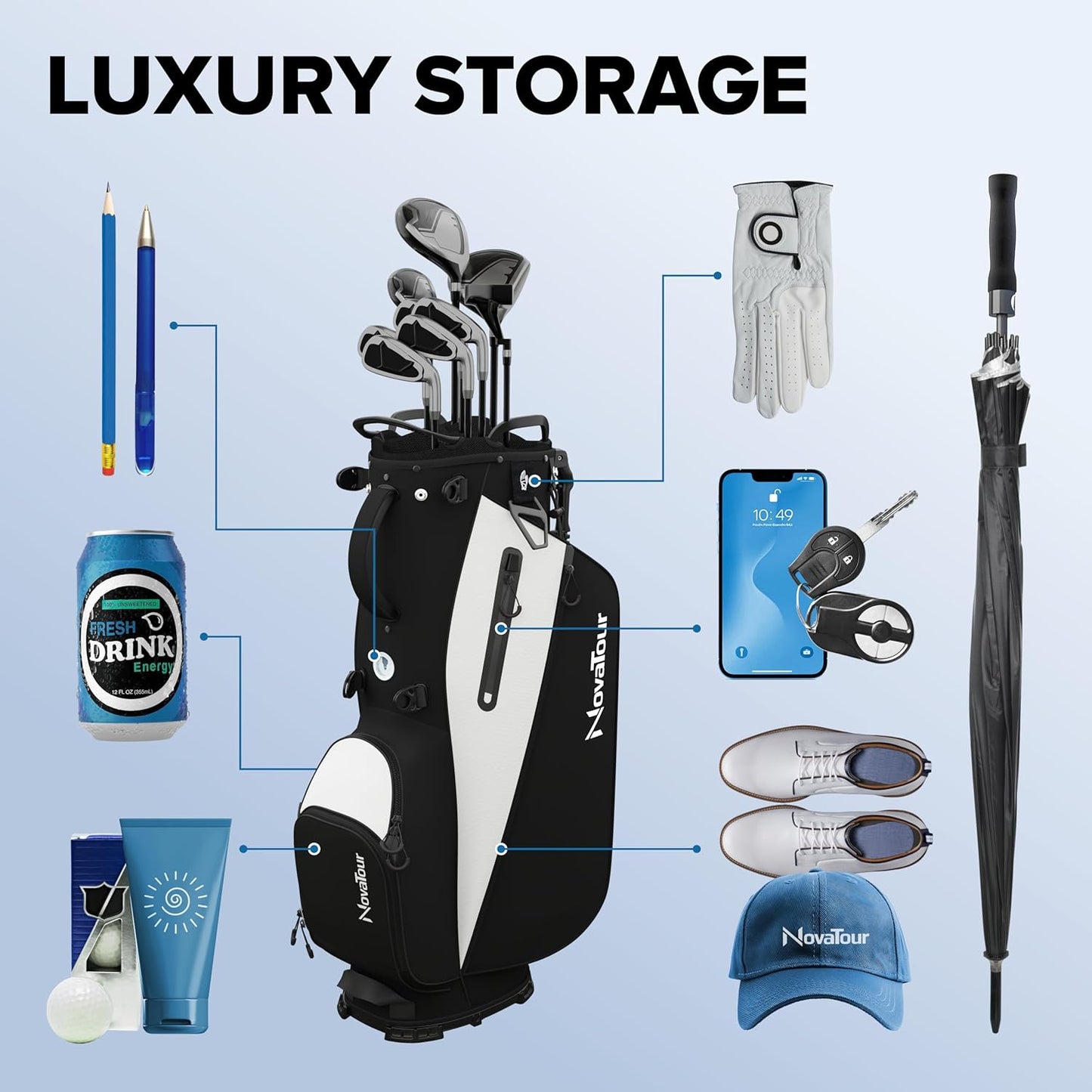 Golf Stand Bag - Lightweight Golf Bag with Stand and 7 Way Dividers, Dual Strap, Waterproof Pocket, Insulated Sleeve, Easy-Lift Handles and Swing-Cam Holder