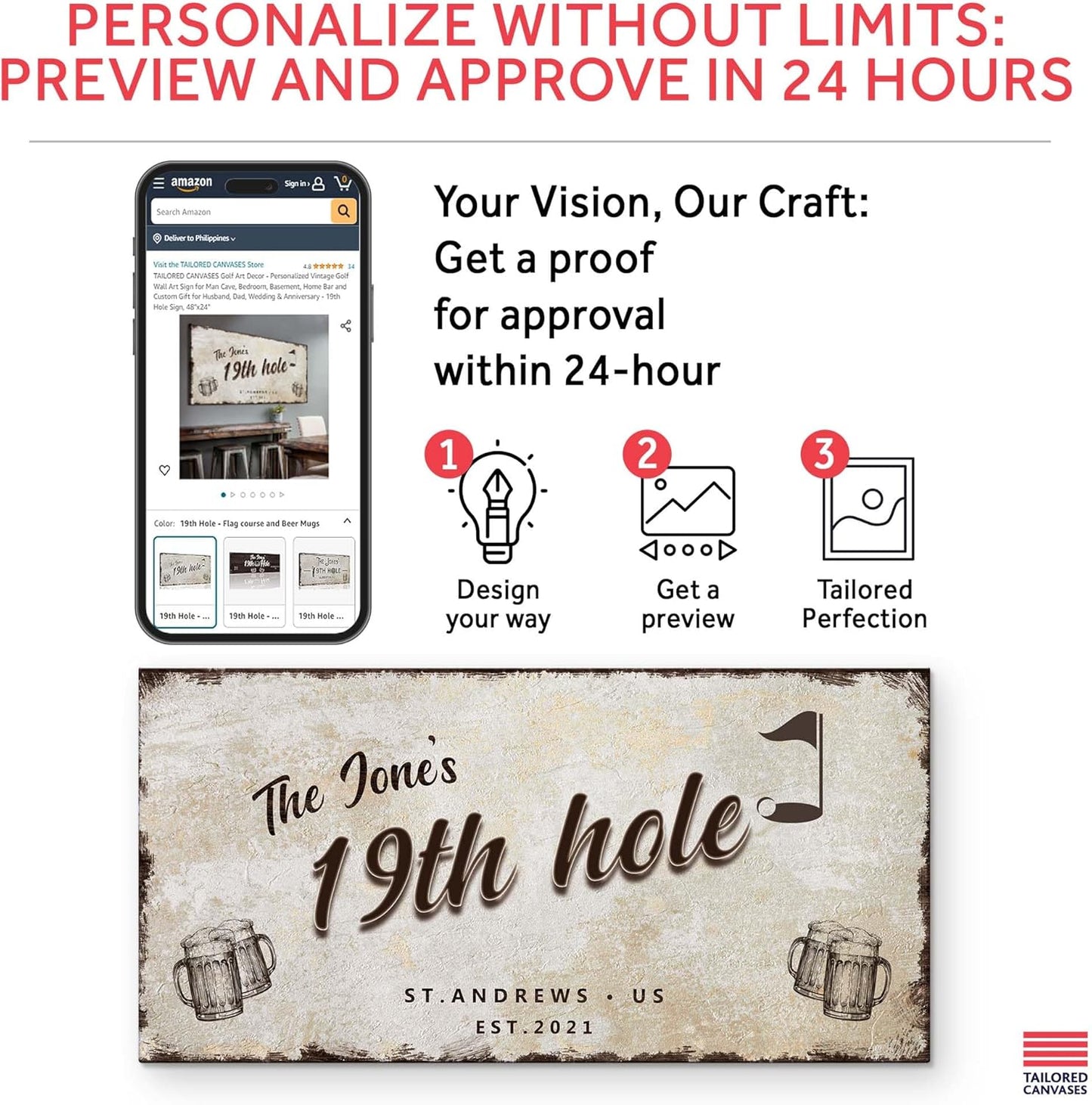 TAILORED CANVASES Golf Art Decor - Personalized Vintage Golf Wall Art Sign for Man Cave, Bedroom, Basement, Home Bar and Custom Gift for Husband, Dad, Wedding & Anniversary - 19th Hole Sign, 48"x24"