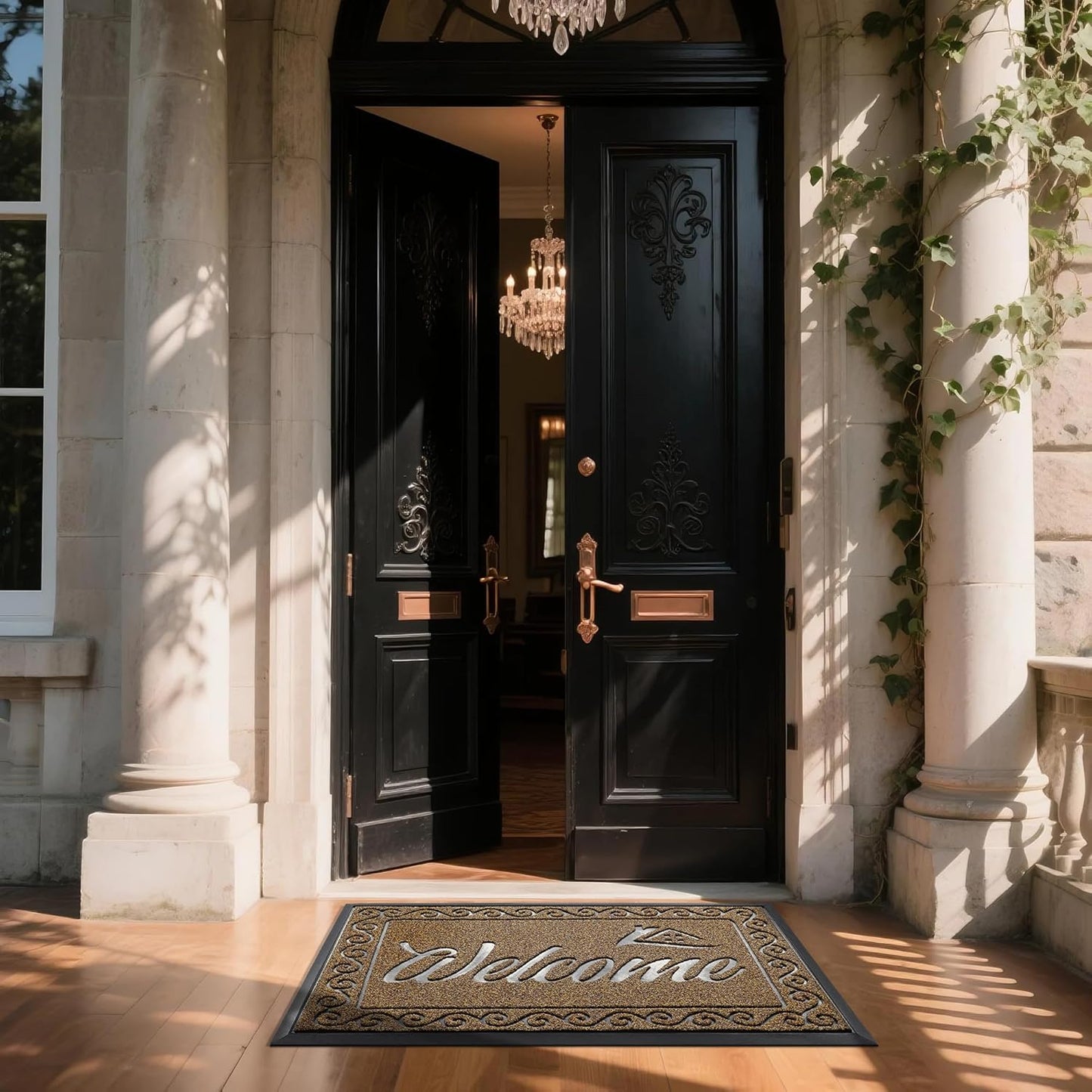 Yimobra Welcome Mat, Heavy Duty Sturdy Door Mats for Home Entrance Outdoor Indoor, Front Doormat for Outside Patio Floor Entry Porch Garage Office, Waterproof, Low Profile, 47X32 Inches, Beige Brown