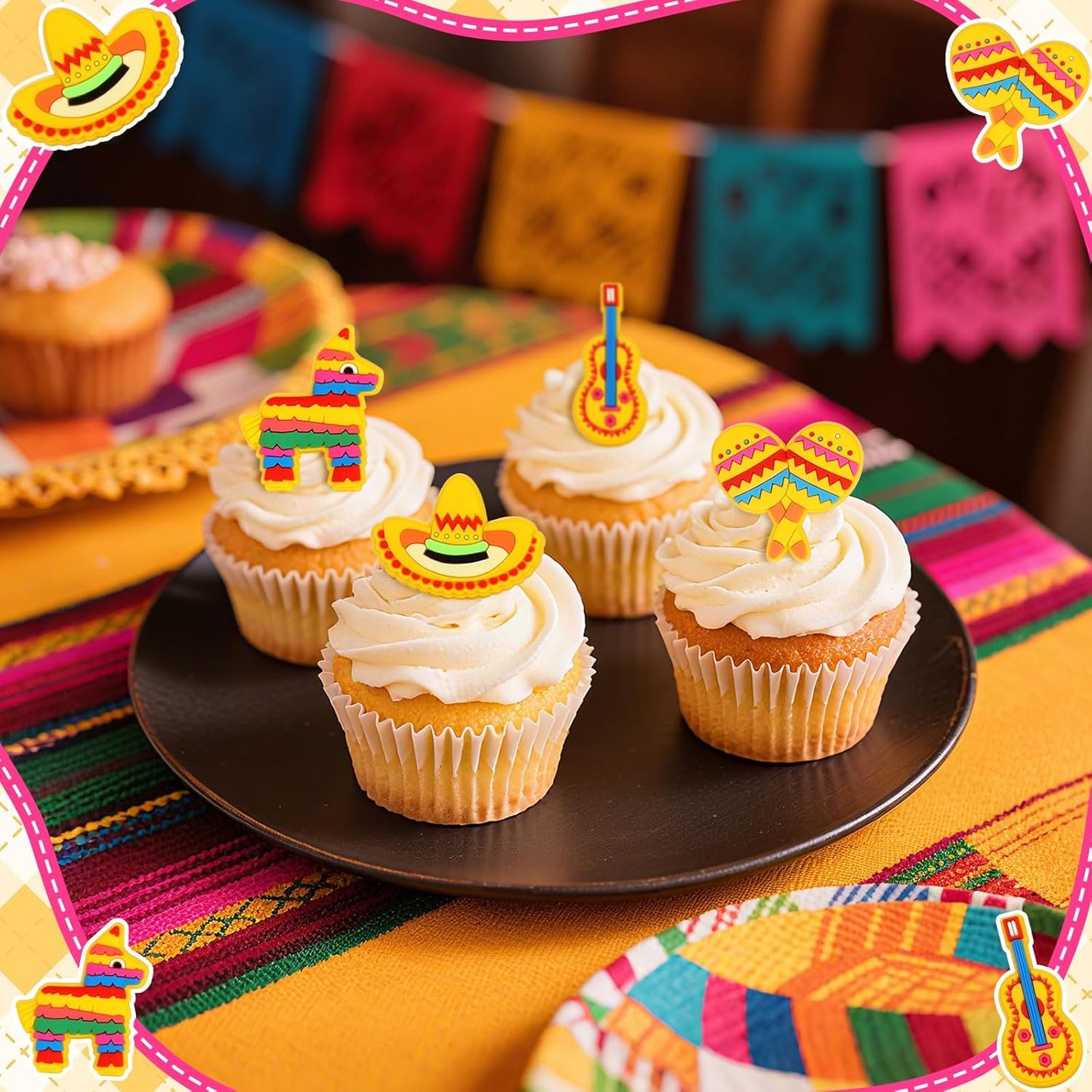 24pcs Fiesta Cupcake Ring Toppers Donkey Sombrero Guitar Cupcake Topper Mexican Theme Party Cake Decorations for Baby Shower Birthday Fiesta Party Supplies