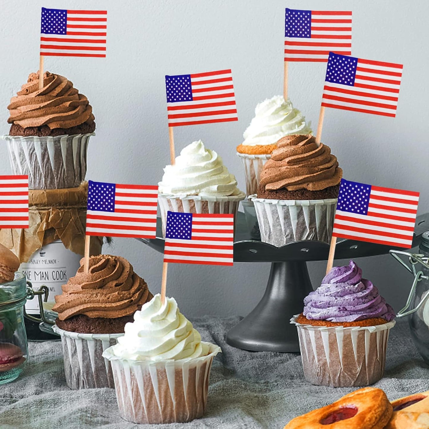 BLUE TOP 100pcs Mini American Flag Toothpicks,4 Inch America Flag picks, Cupcake picks for appetizers/cupcake/desserts,Great for July 4th, Olympic Games Celebration,Longer but better