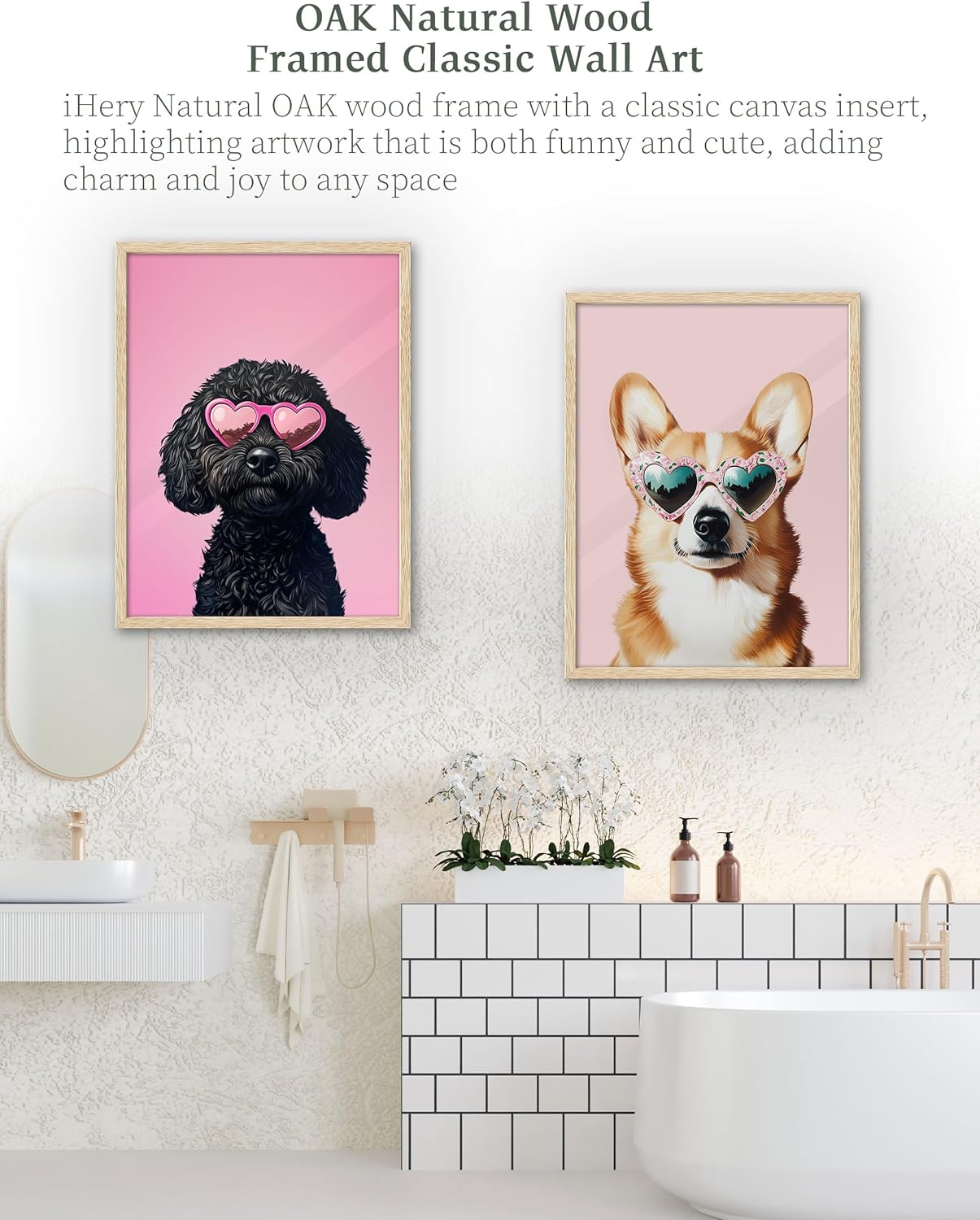 iHery Natural OAK Wood Black Goldendoodle Dog Framed Wall Art, 12x16in Funky Preppy Heart-Shaped Glasses Canvas Wall Art Decor For Bedroom, Cute Dog Prints Apartment Bathroom Living Room Set of 1