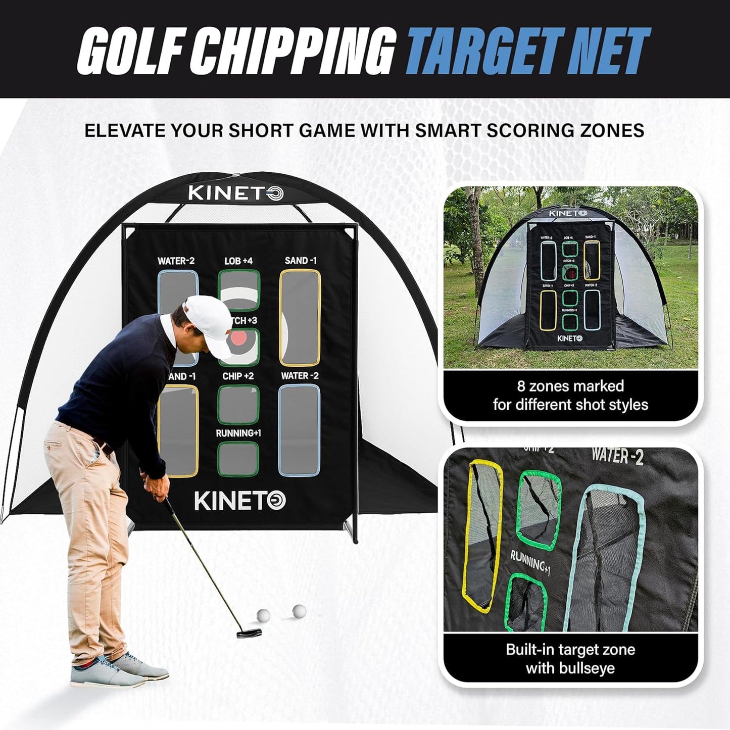 Kineto Training Set – Golf Swing Net, 8-Zone Chipping Target, Baseball Pitch Trainer – Durable, Portable, Tool-Free net for Backyard or Indoor use