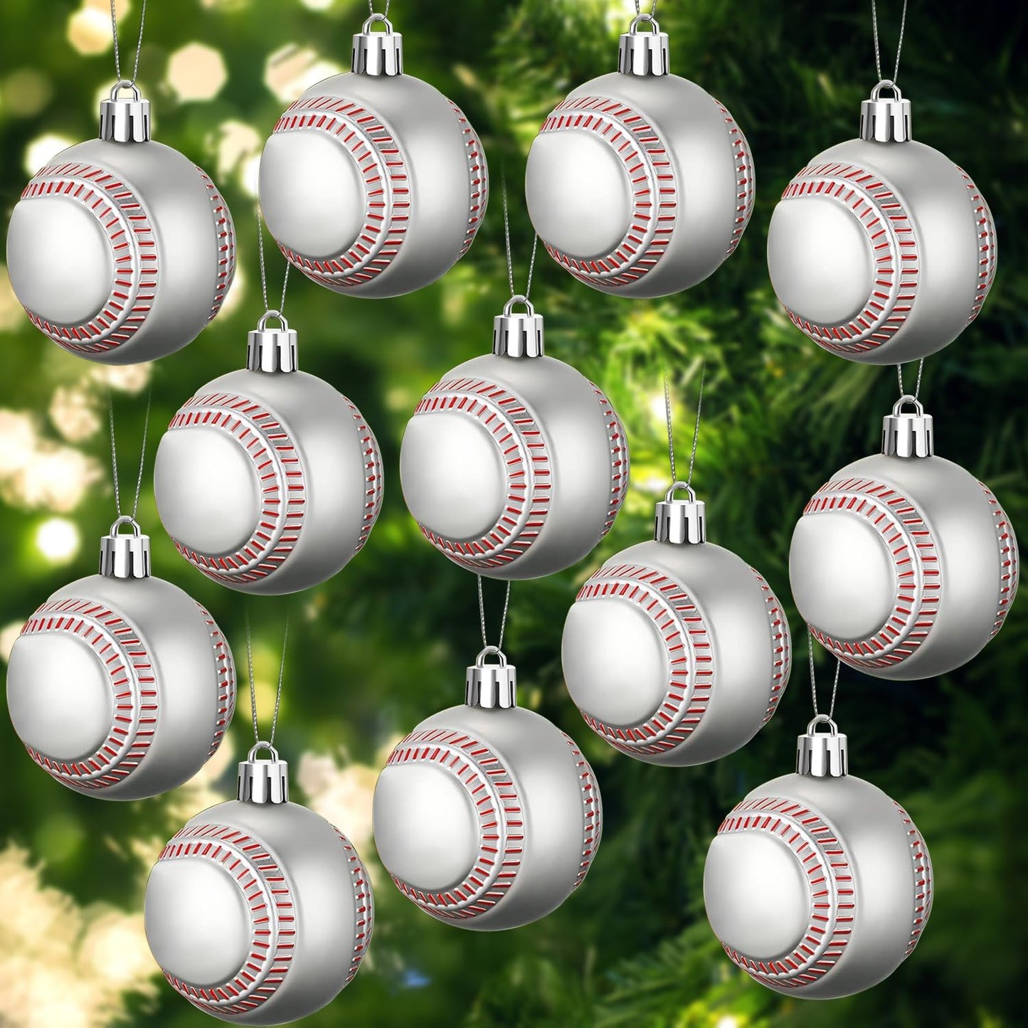 Leitee 12 Pcs Christmas Plastic Baseball 2.36 Inch Xmas Tree Ornaments with Hanging Loop Sports Theme Decorative Hanging Ornaments for Holiday Party Christmas Tree Home
