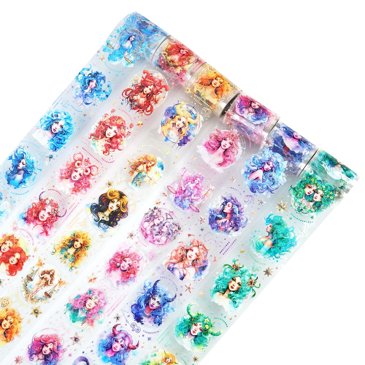 6 Pcs Constellation Goddess PET Scrapbook Tapes, Holographic Stickers for Journaling, Scrapbook Supplies, and Ephemera, with Decorative Clip